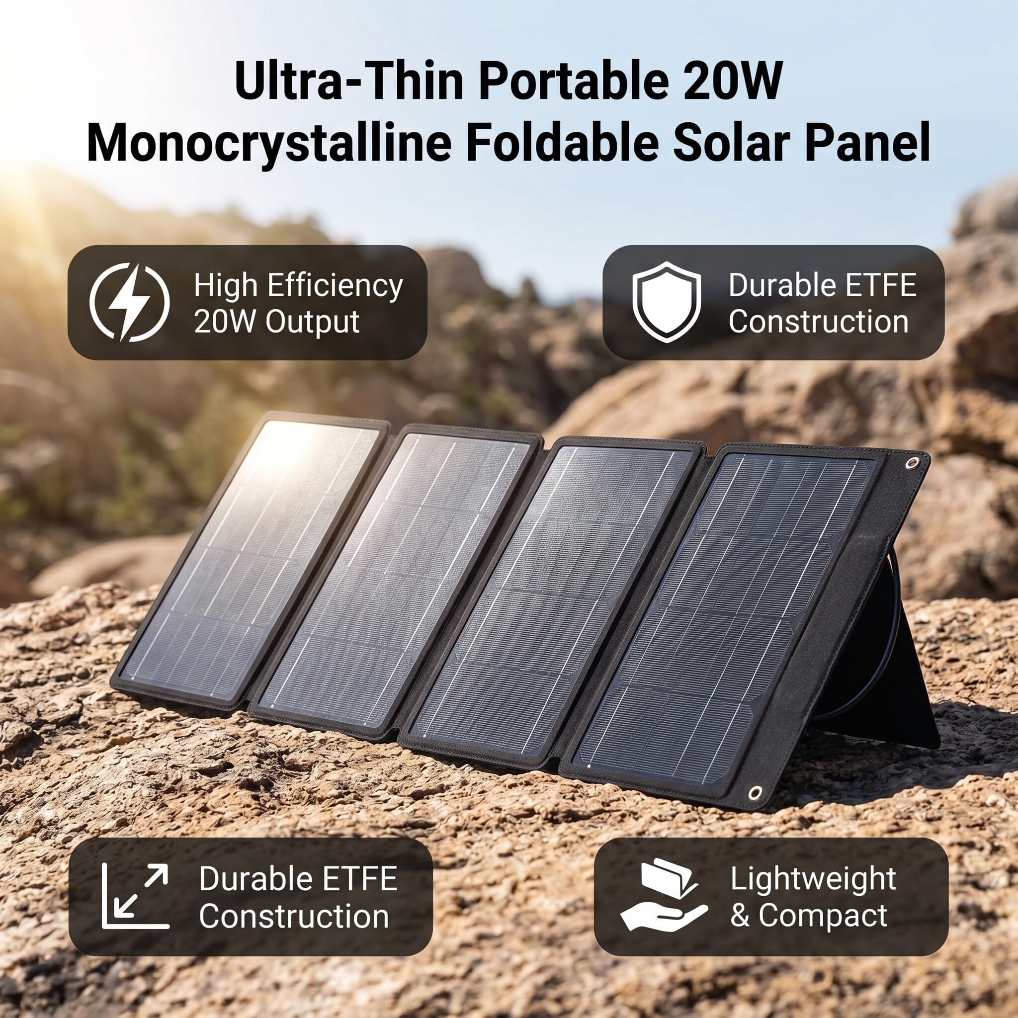 Haofy Panel Solar Plegable de 20 W, Células de Silicio Monocristalino, Diseño Ultrafino de 5 Oz, Optimización Solar de 4 Pliegues, Cargador de Energía de Emergencia, para Campistas, Excursionistas