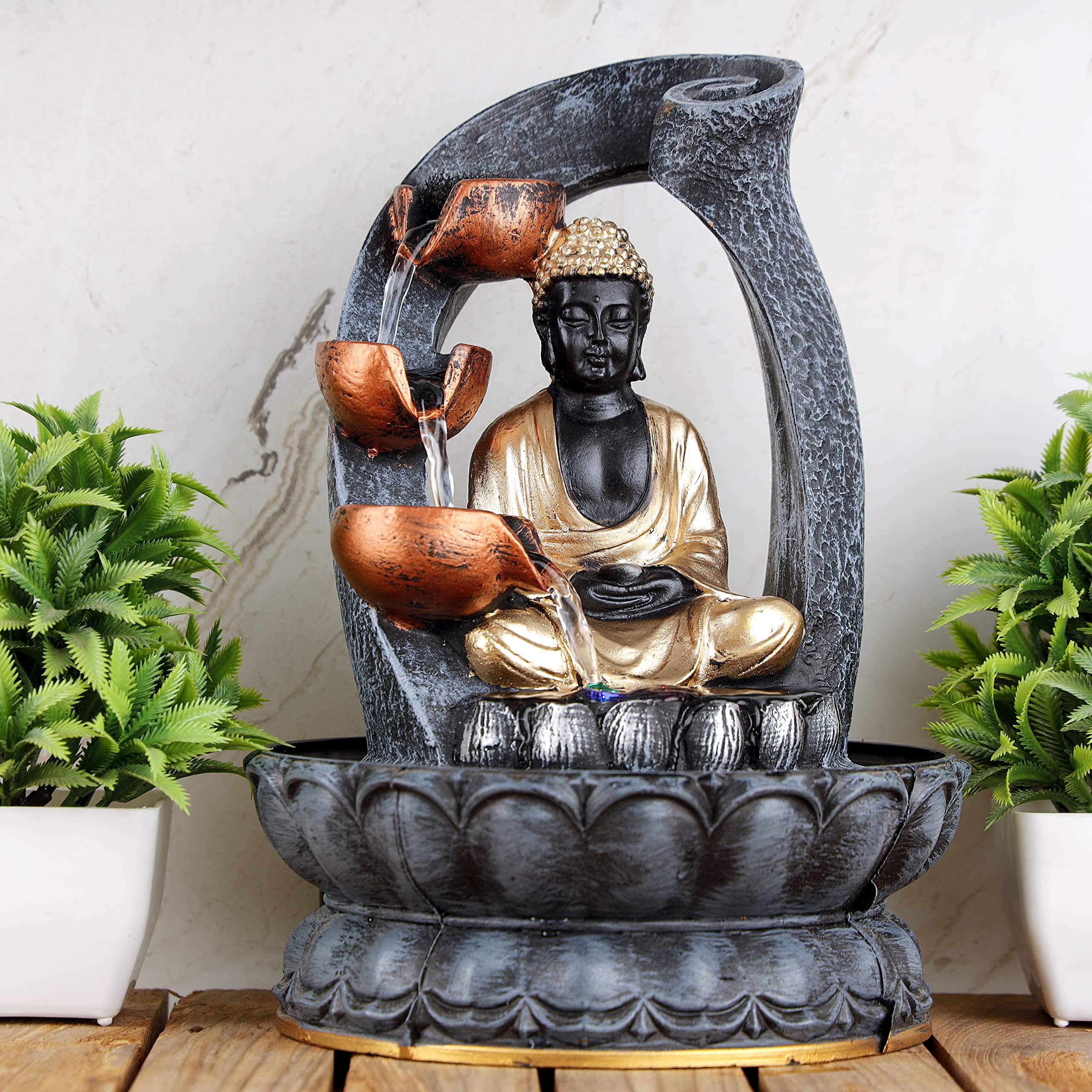 Global Grabbers Polyresin Table Top Indoor Outdoor Water Fall Fountain with LED Lights Home Decor Decoration Gift Gifting Items-GOL_GRY-SF24-(000)-image-41