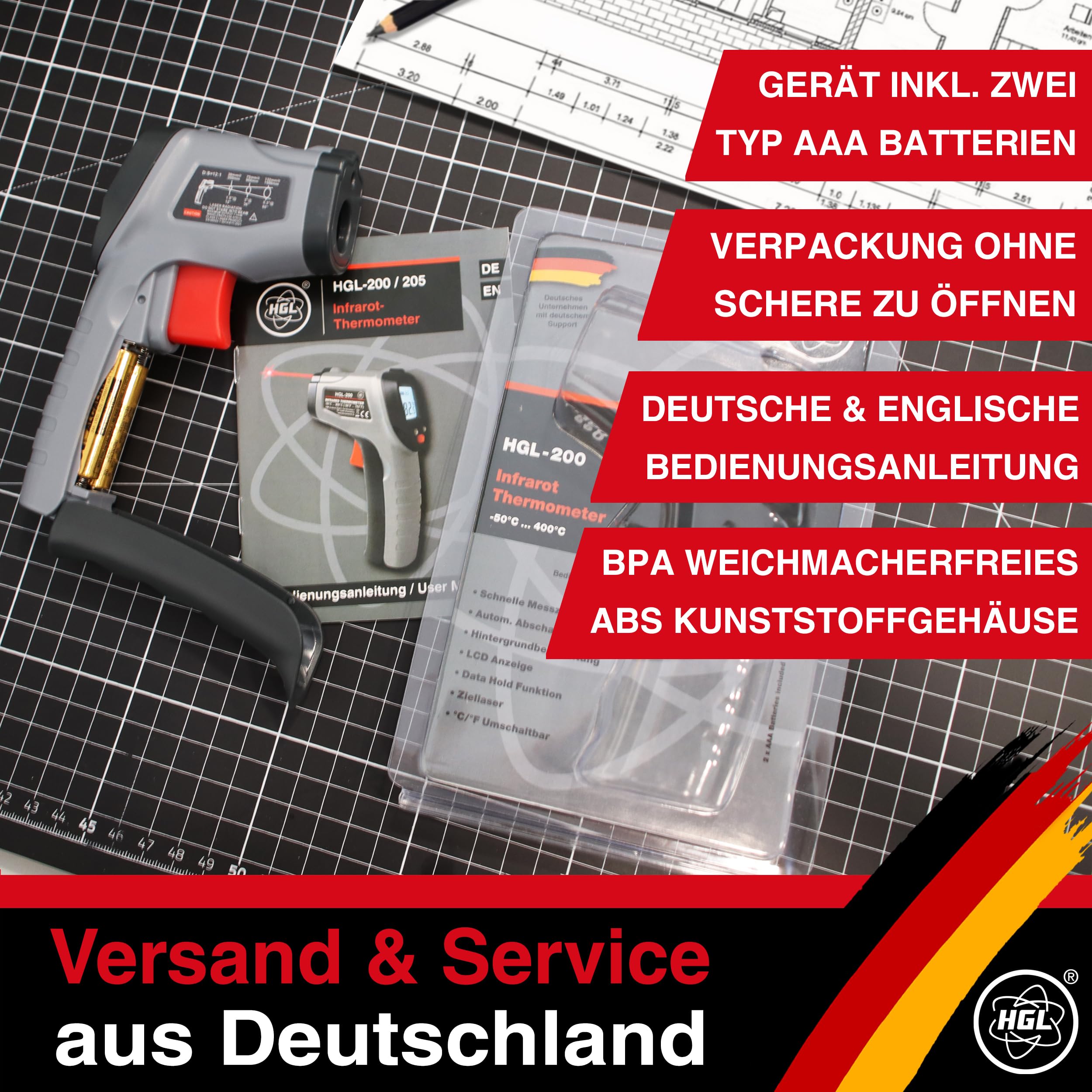 HGL-205 Infrarot Thermometer -50°C ... 600°C Temperaturmessgerät mit Laser für schnelle und präzise Messung der Oberflächentemperatur