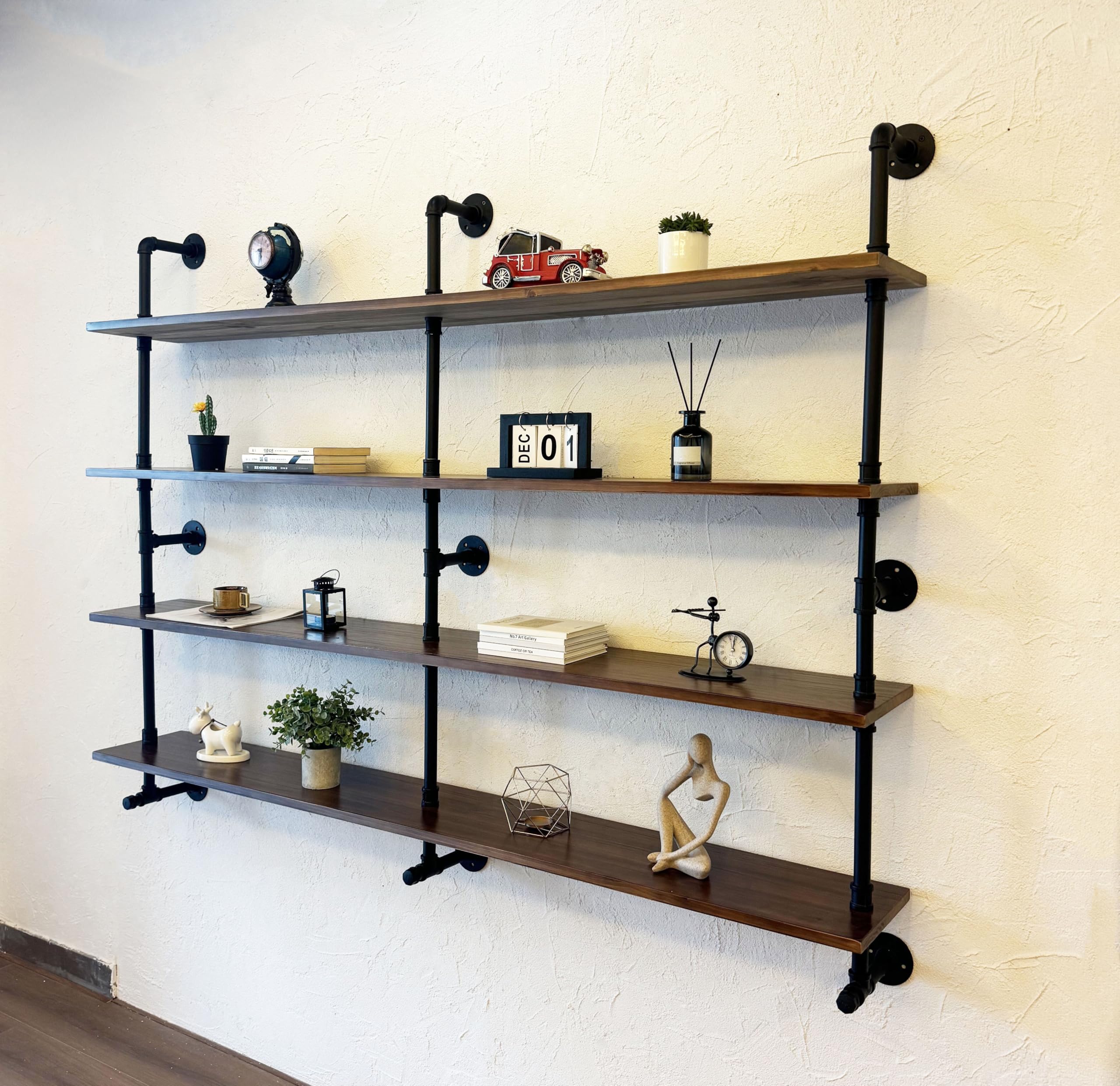 Industrial Pipe Wall Shelves With Real Wood Plank, 70 Inches Floating Shelves for Wall, 4 Tier Farmhouse Book Shelves, Dark Brown for Kitchen, Living