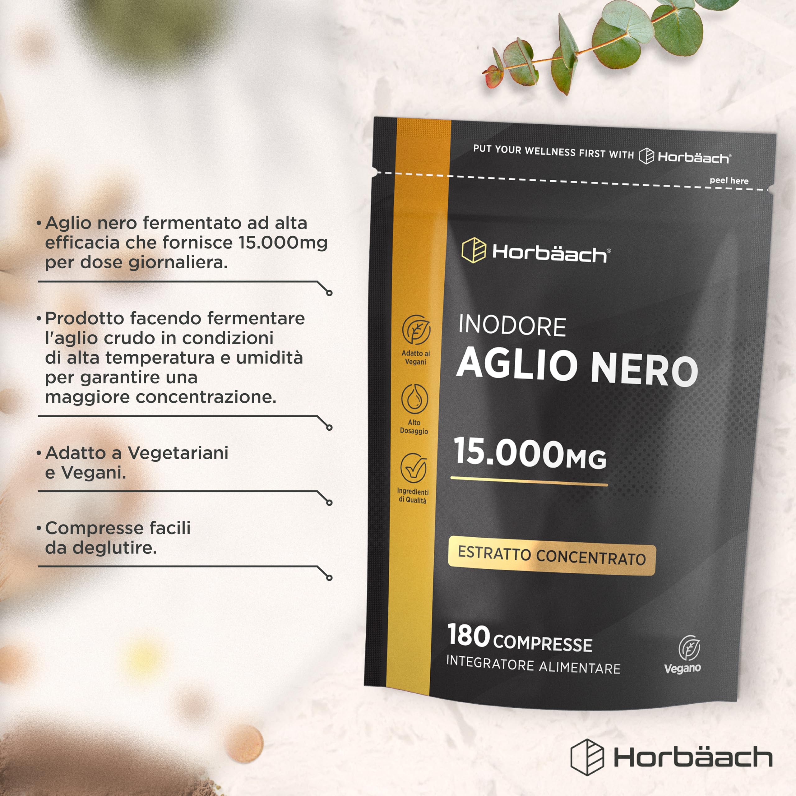 Aglio Nero Fermentato 15000mg | 180 Compresse Vegane | Integratore Inodore e Senza Gusto | Horbaach