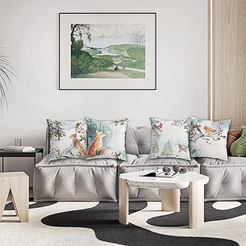 Miniatura 2 de Juego de 4 fundas de almohada decorativas rústicas de invierno con diseño de animales, pájaros, zorros, conejos, ciervos, Navidad, copos de nieve,