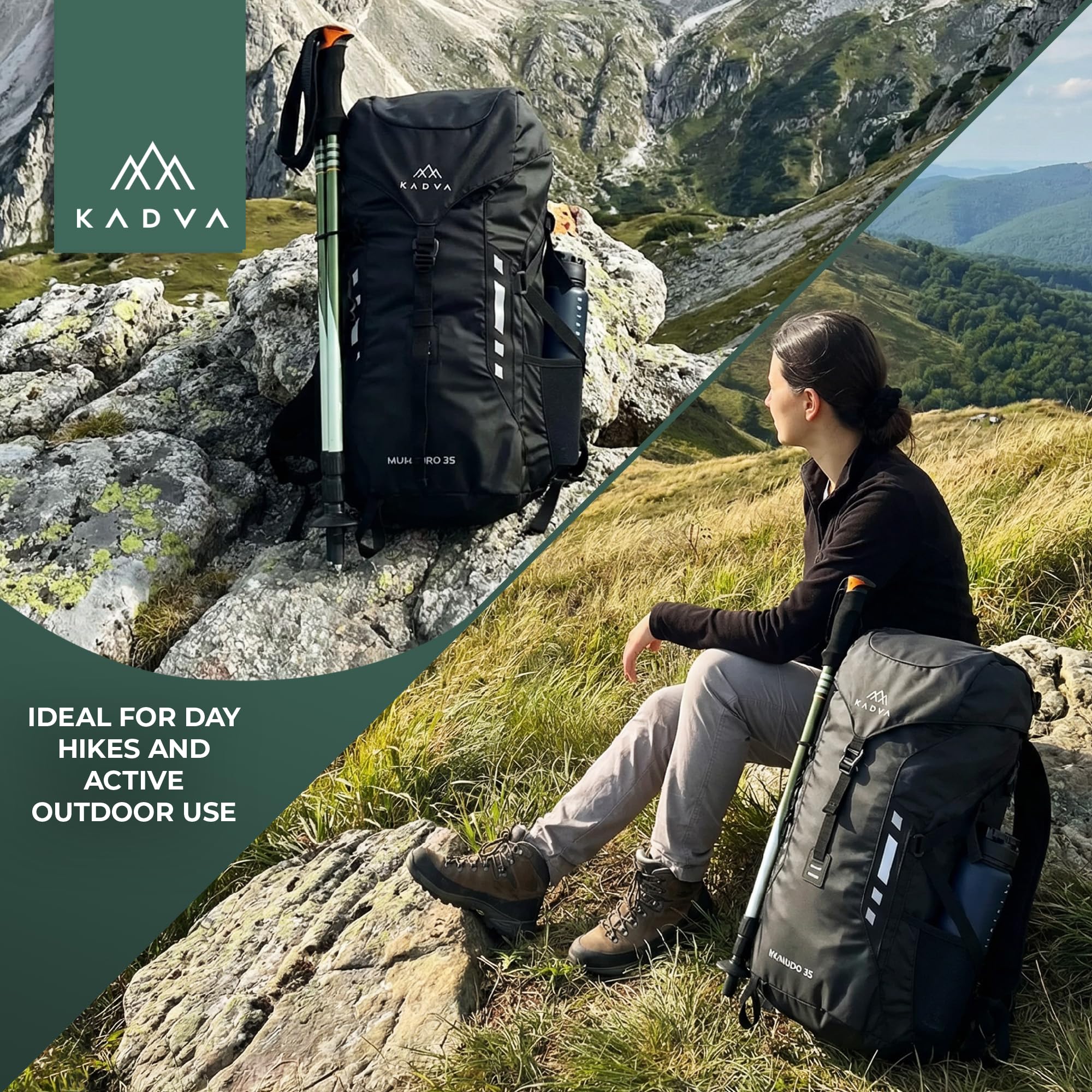 KADVA Mundoro plecak turystyczny 35 l, wentylacja pleców Windflow, pas piersiowy i biodrowy, boczne kieszenie z siatki, uchwyt na kijki trekkingowe, wodoodporny materiał