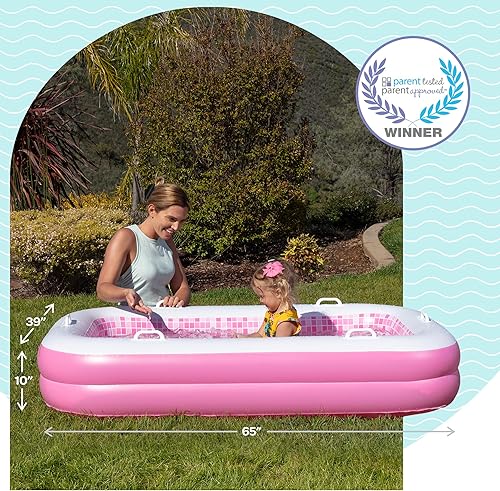 Miniatura 2 de Piscina inflable 2 en 1 para niños y adultos, piscina rectangular poco profunda con suelo acolchado, asas y drenaje de 65 x 39 x 10 pulgadas, rosa