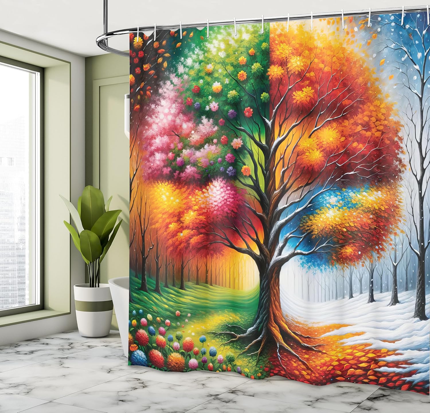 Ambesonne Colorful Shower Curtain, Dreamy Artwork of 4 Season with Winter Woods and Meadow Floral Ornate, Cloth Fabric Bathroom Decor Set with Hooks, 69" W x 84" L, Burnt Orange Fern Green