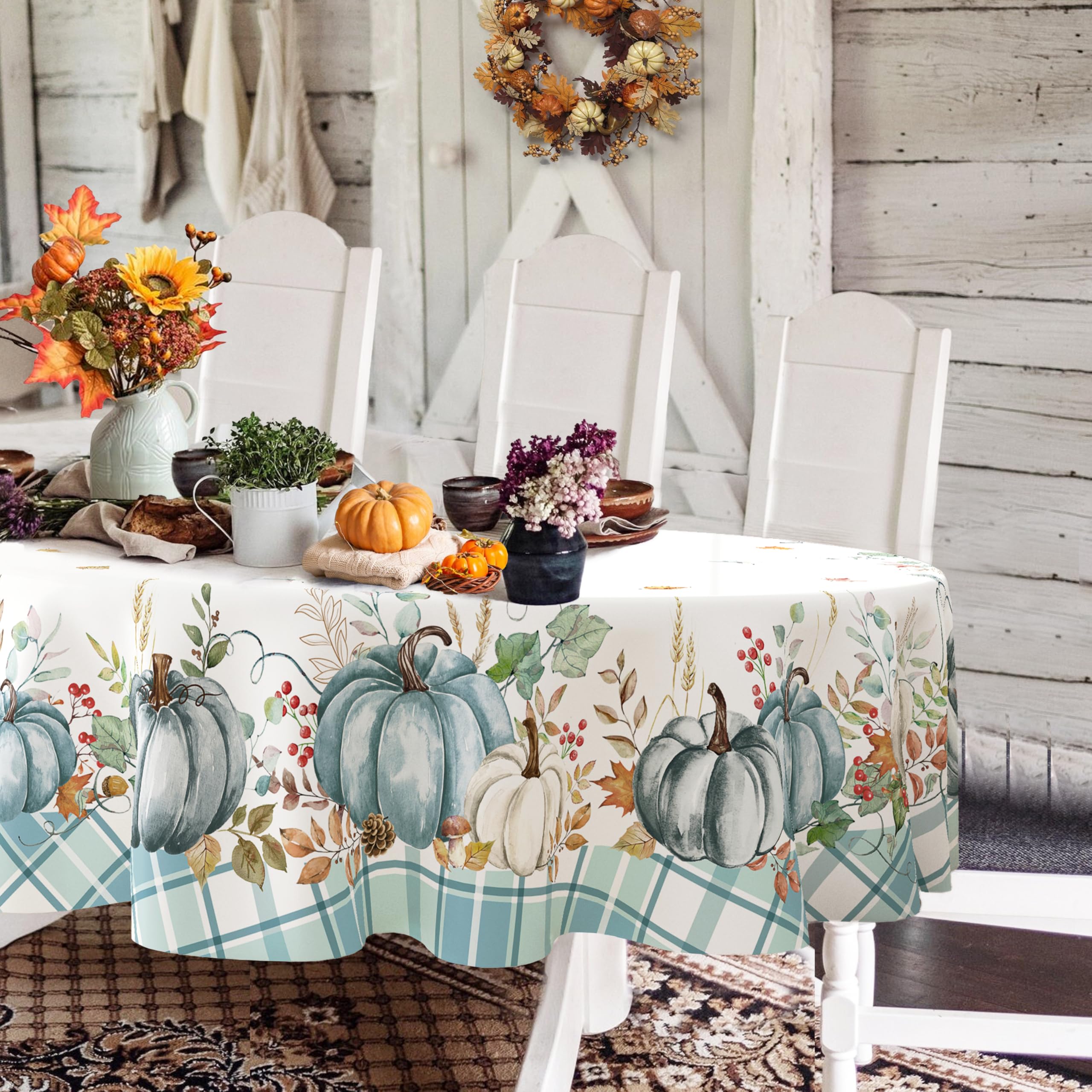 Yighty Oval fall tablecloth,Thanksgiving fall harvest blue pumpkin tablecloth,blue and white buffalo plaid polyester waterproof wrinkle-resistant durable tablecloths for autumn,Thanksgiving,home decor