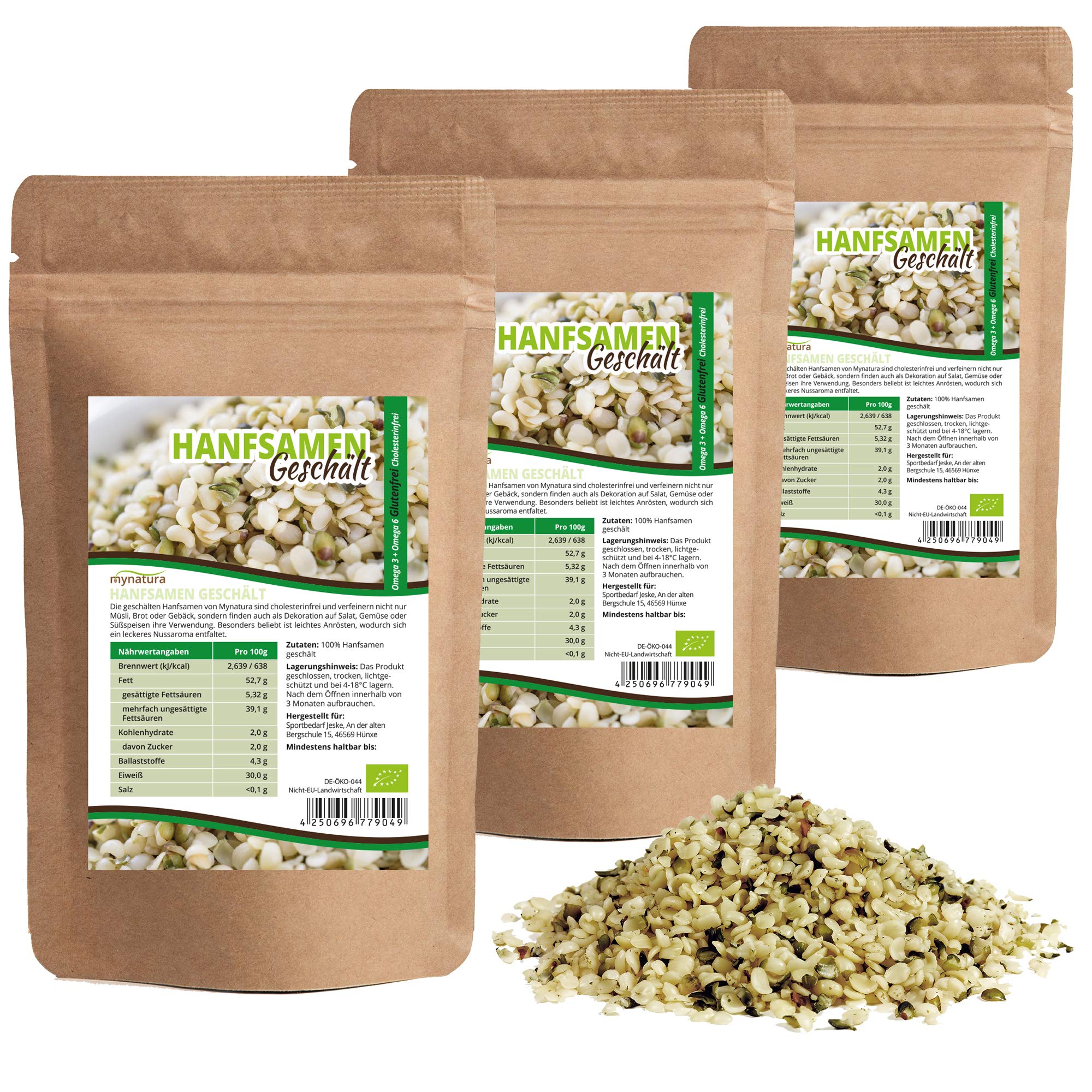 Mynatura Bio Hanfsamen Geschält 1000g Glutenfrei, Omega 3 + Omega 6 | Vegetarisch und Vegan | Bio-Qualität (DE-ÖKO-044) ((3x1000g))