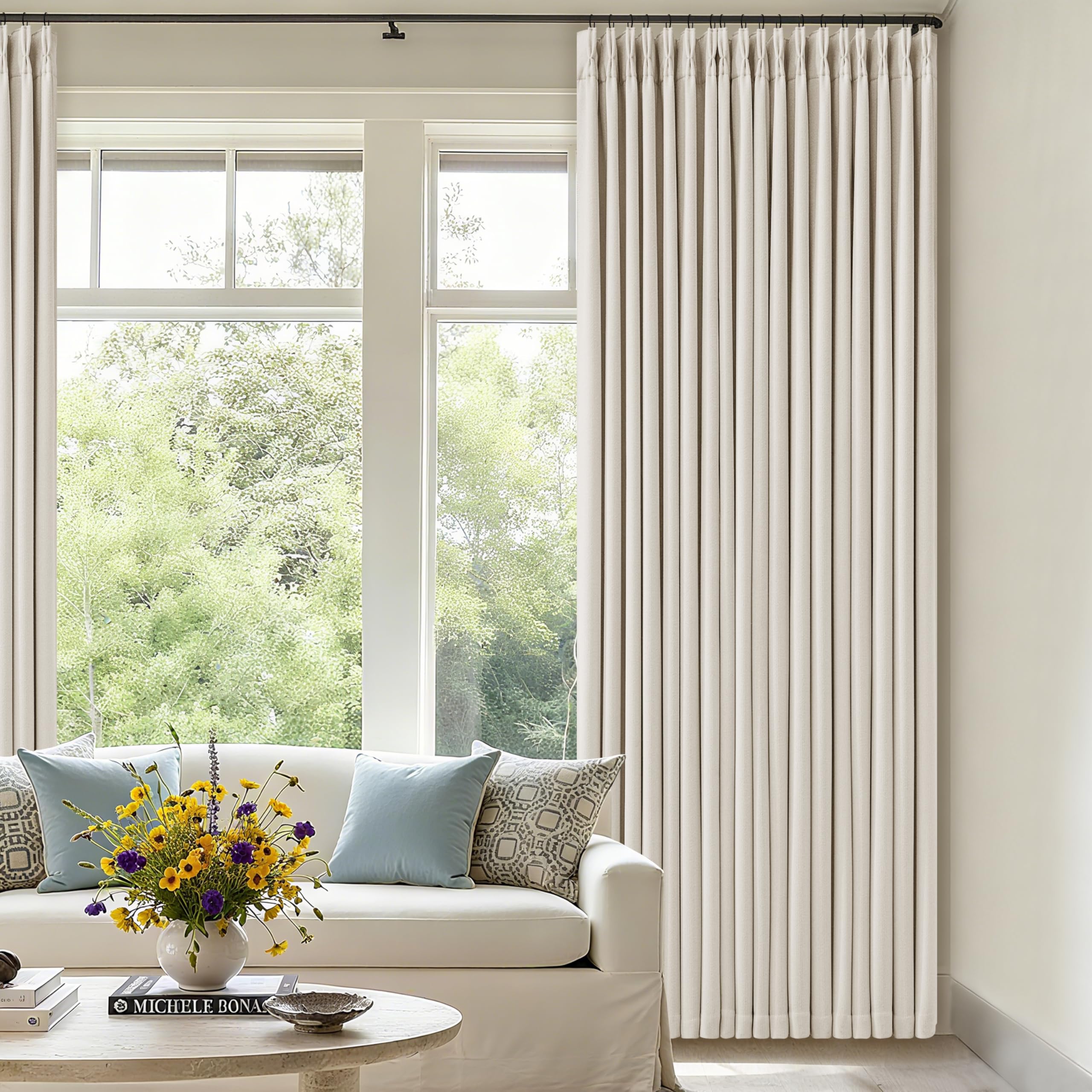 Ivory Cream Linen Blackout Curtains 112 Inches Long for Bedroom Neutral Boho Pinch Pleated 100% Black Out Room Darkening Sound Dampening Window Drapes Double Layer Soundproof 112 Inch Curtains — image 1