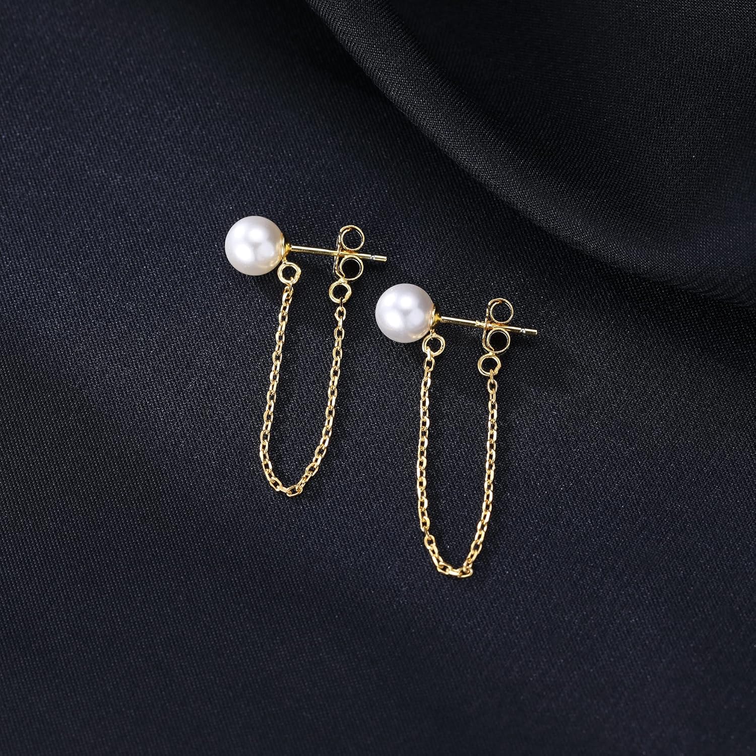 Reffeer Solid 925 Sterling Silver Pearl Chain Dangle Earrings Tassel for Women Teen Girls Pearl Chain Drop Earrings Studs - Image 4