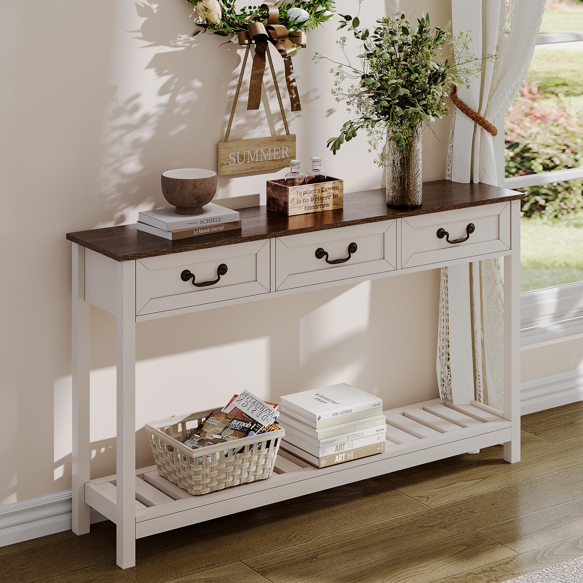 ChooChoo Farmhouse Console Table with 3 Drawers, Rustic Entryway Table, Narrow Long Sofa Table for Living Room, Hallway, Behind Couch, Soft White and BrownThe Forest Stewardship Council
