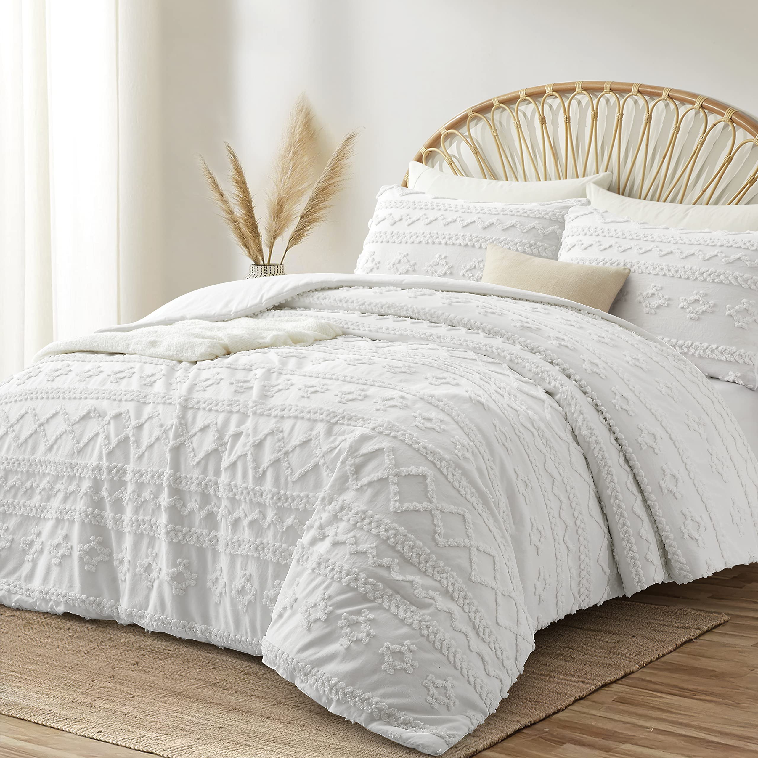 Oli Anderson White King Comforter Set Tufted Bedding Sets King 3 Pieces, Boho Shabby Chic Comforter with 2 Pillowcases (White,King)