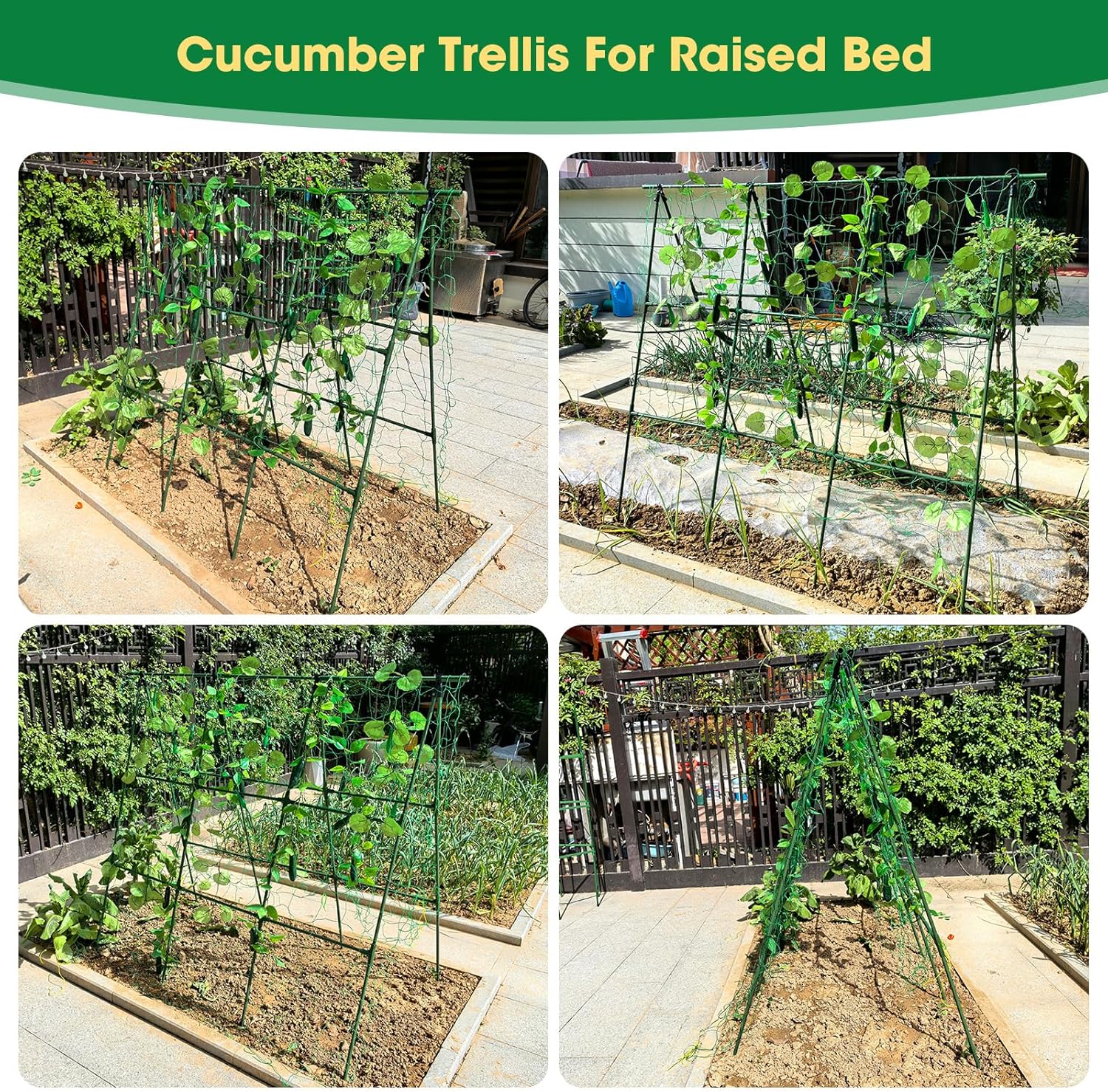 51" x 53" Cucumber Trellis for Raised Bed, A-Frame Garden Trellis for Climbing Plants Outdoor, Rust-Proof Metal Support for Tomato, Peas, Beans, Zucchini & Vines, with Netting & Clips