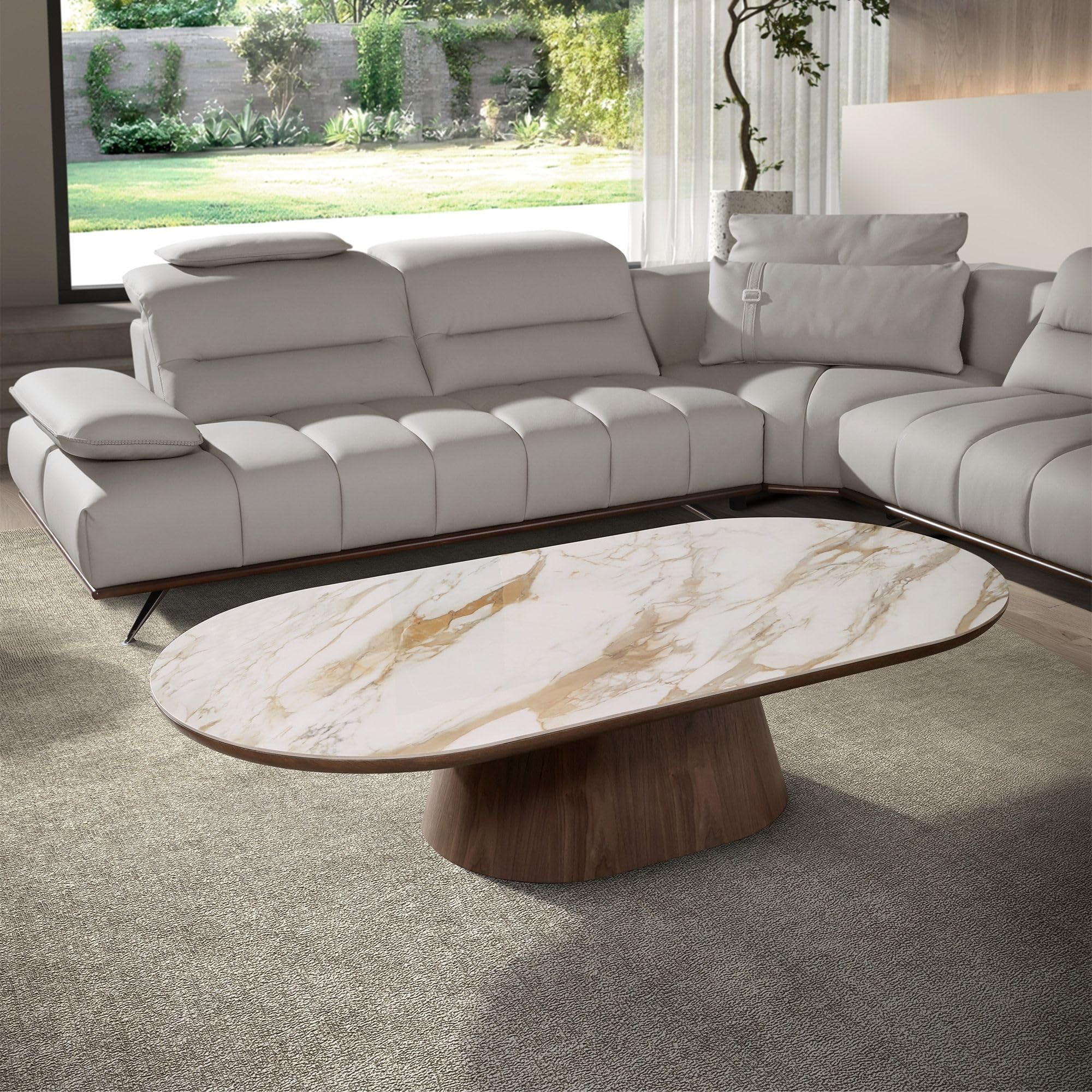 Angel Cerdá – Table Basse Design avec Plateau en Céramique Effet Marbre | Table Basse Ovale Contemporaine et Élégante | Base en Bois | Idéale pour Salon | 160 x 80 x 38 cm