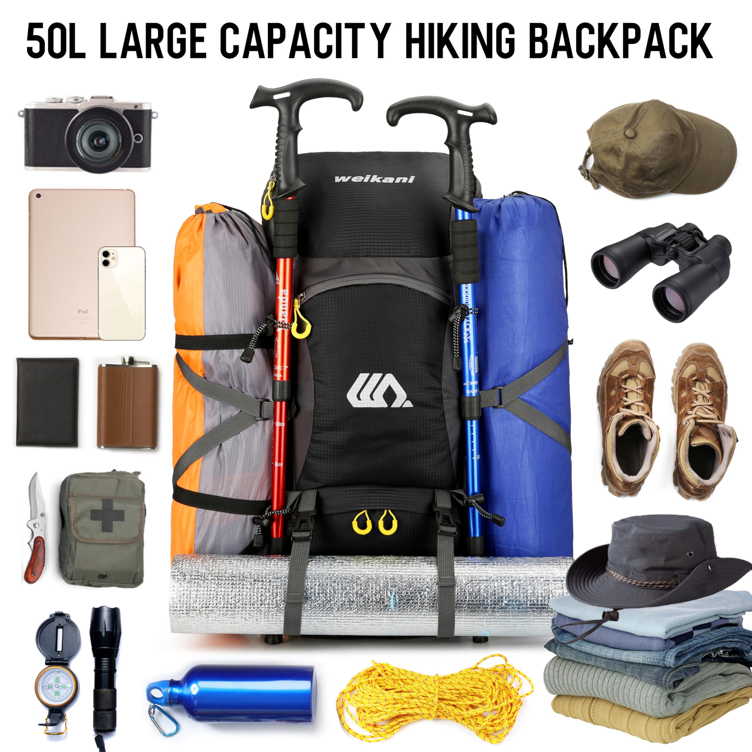 Mochila de Senderismo 50L, Ligera Impermeable Mochilas Trekking Viaje Con Cubierta De Lluvia Mochila Deportiva Al Aire Libre Para Escalada Acampar Turismo Hombre Mujer