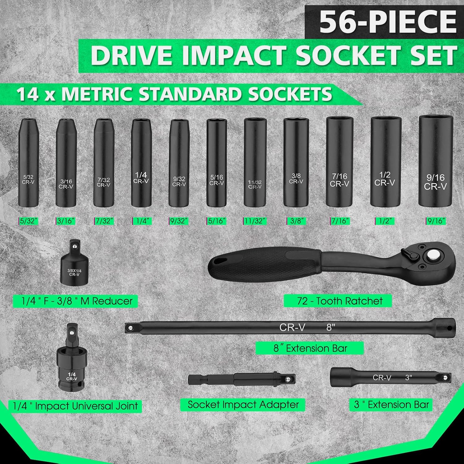 1/4" Drive Impact 56-Piece Socket Set, Standard SAE (5/32 to 9/16 inch) & Metric (4-15mm), 6 Points, CR-V, 1/4-Inch Drive Ratchet Handle, Drive Extension Bar & Impact Universal Joint with Case