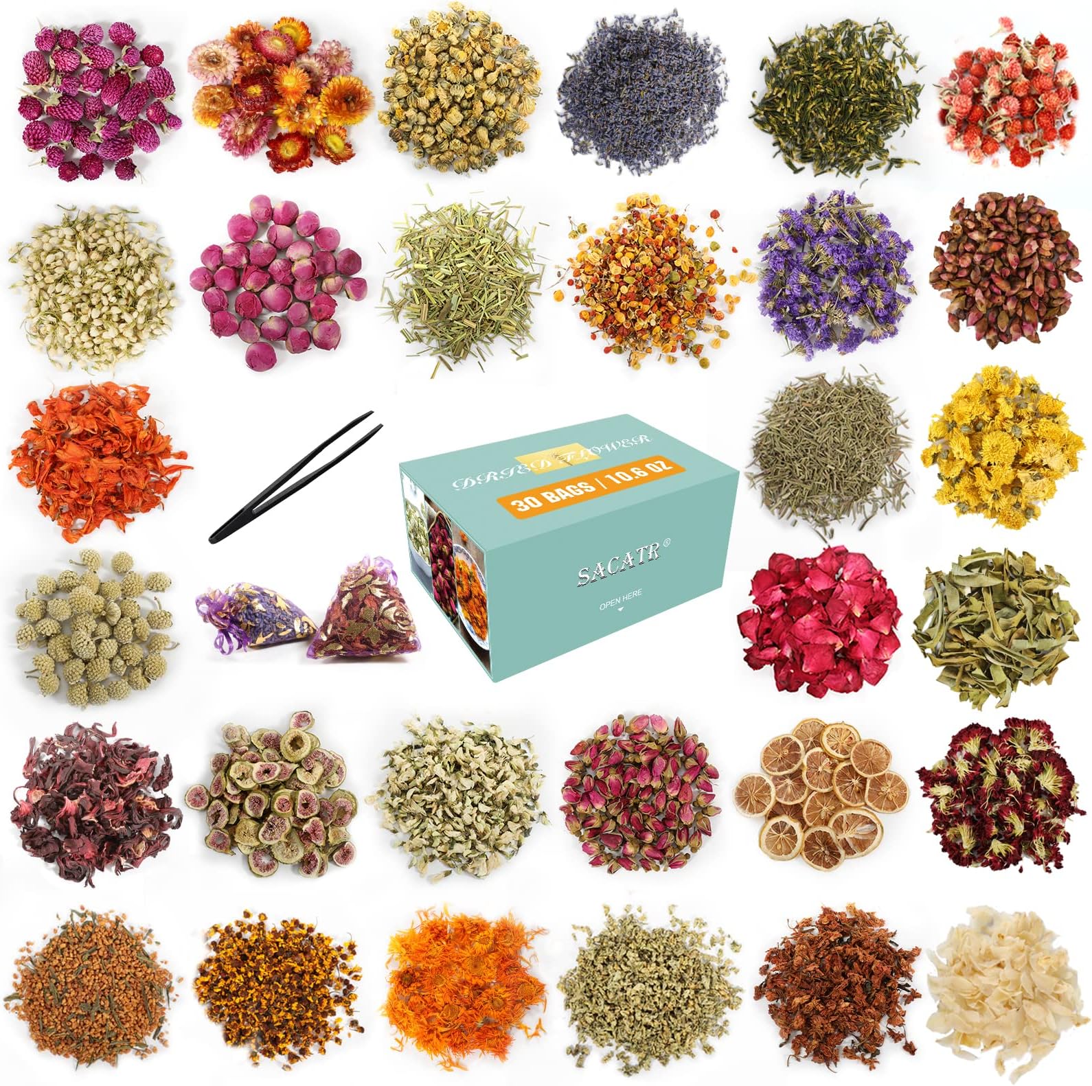 30 Bags Dried Flowers 100% Natural Dried Flowers Herbs Kit for Soap Making, DIY Candle Making, Bath, Rose Petals, Lavender, Leum, Jasmine, Rose Bud Sand and More