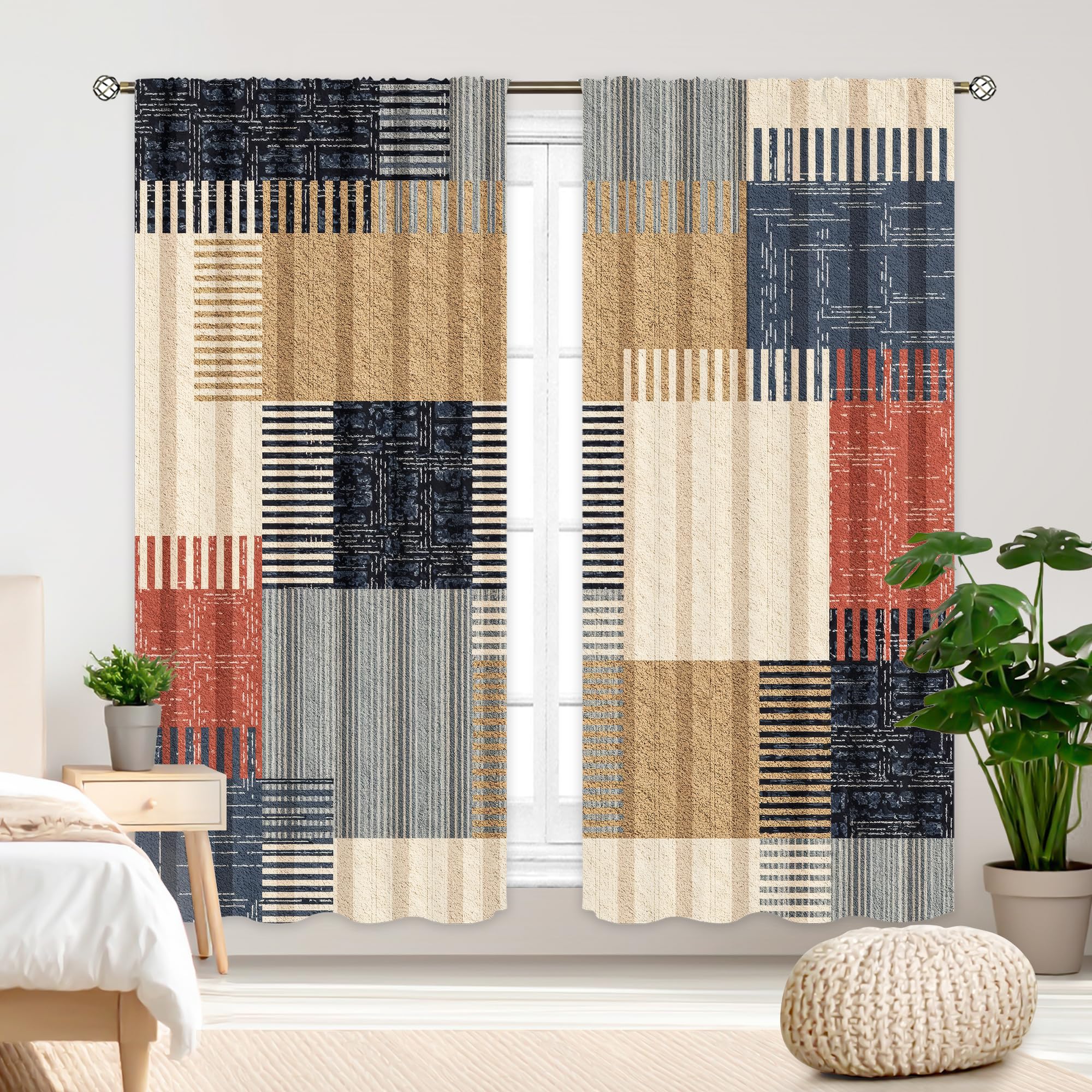Cinbloo Abstract Colorful Stripes Curtains 42Wx63H Inch Rod Pocket Boho Modern Patchwork Color Block Contemporary Chic Vintage Art Printed Geometry Living Room Bedroom Window Drapes Treatment 2 Panels