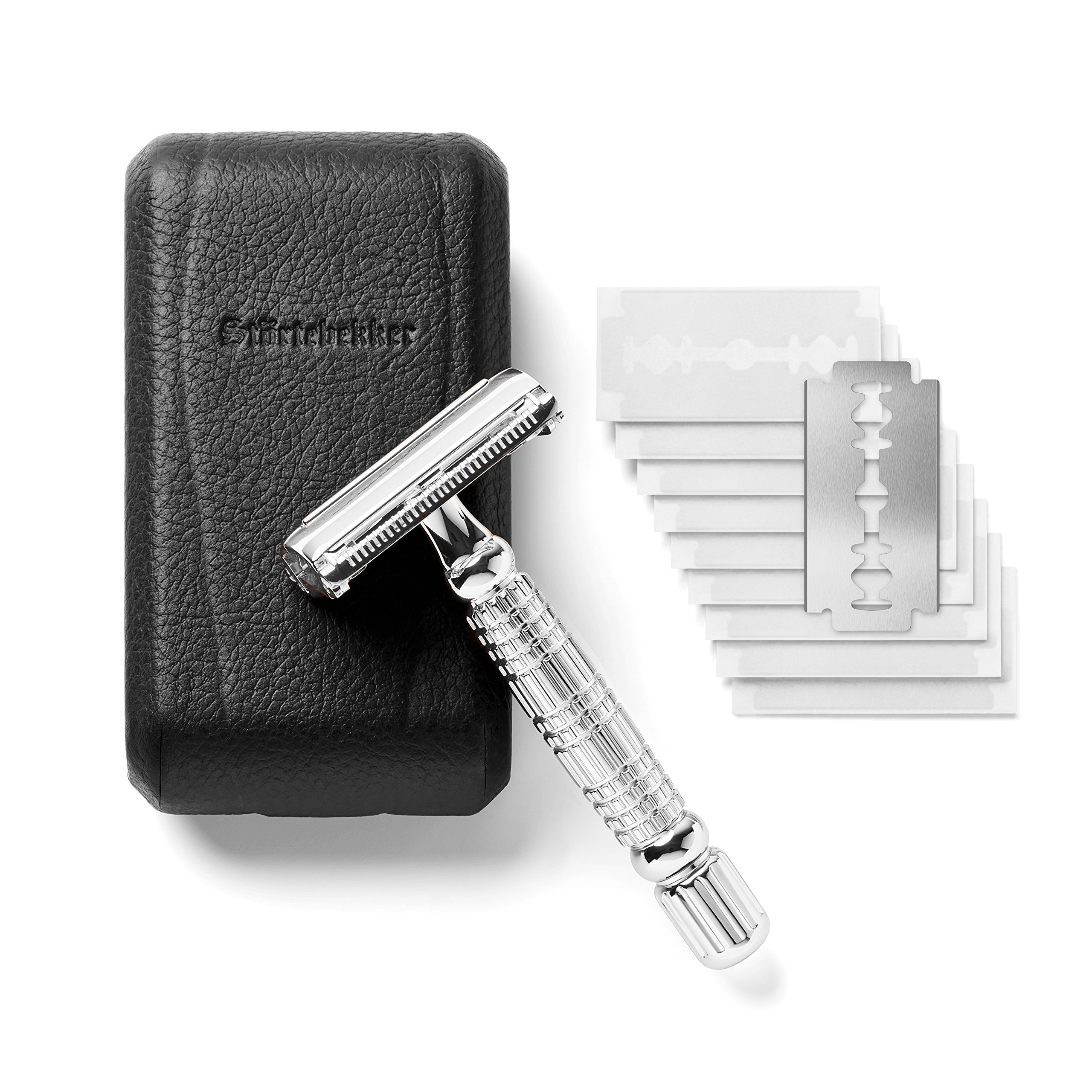 Maquinilla de afeitar clásica en estuche de cuero hecho a mano [+ 10 hojas Störtebekker] - Cuchilla de afeitar de primera calidad - Set de afeitado con espejo integrado (Plata - Negro)