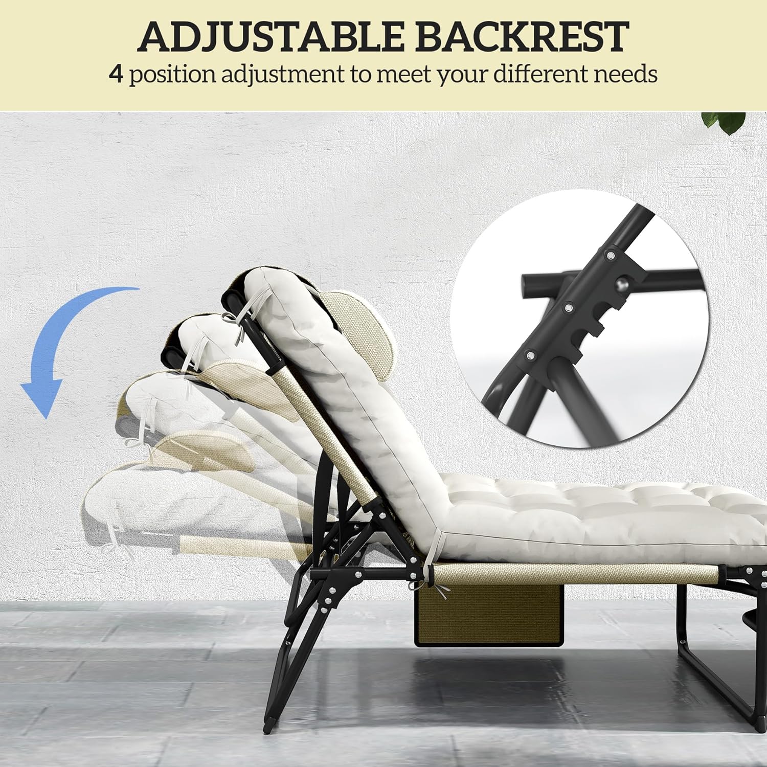 Outsunny Folding Lounge Chair with 4-Level Reclining Back, Outdoor Tanning Chair with Cushion, Sun Lounger with Breathable Mesh Fabric, Side Pocket, Headrest, Beige - Image 3