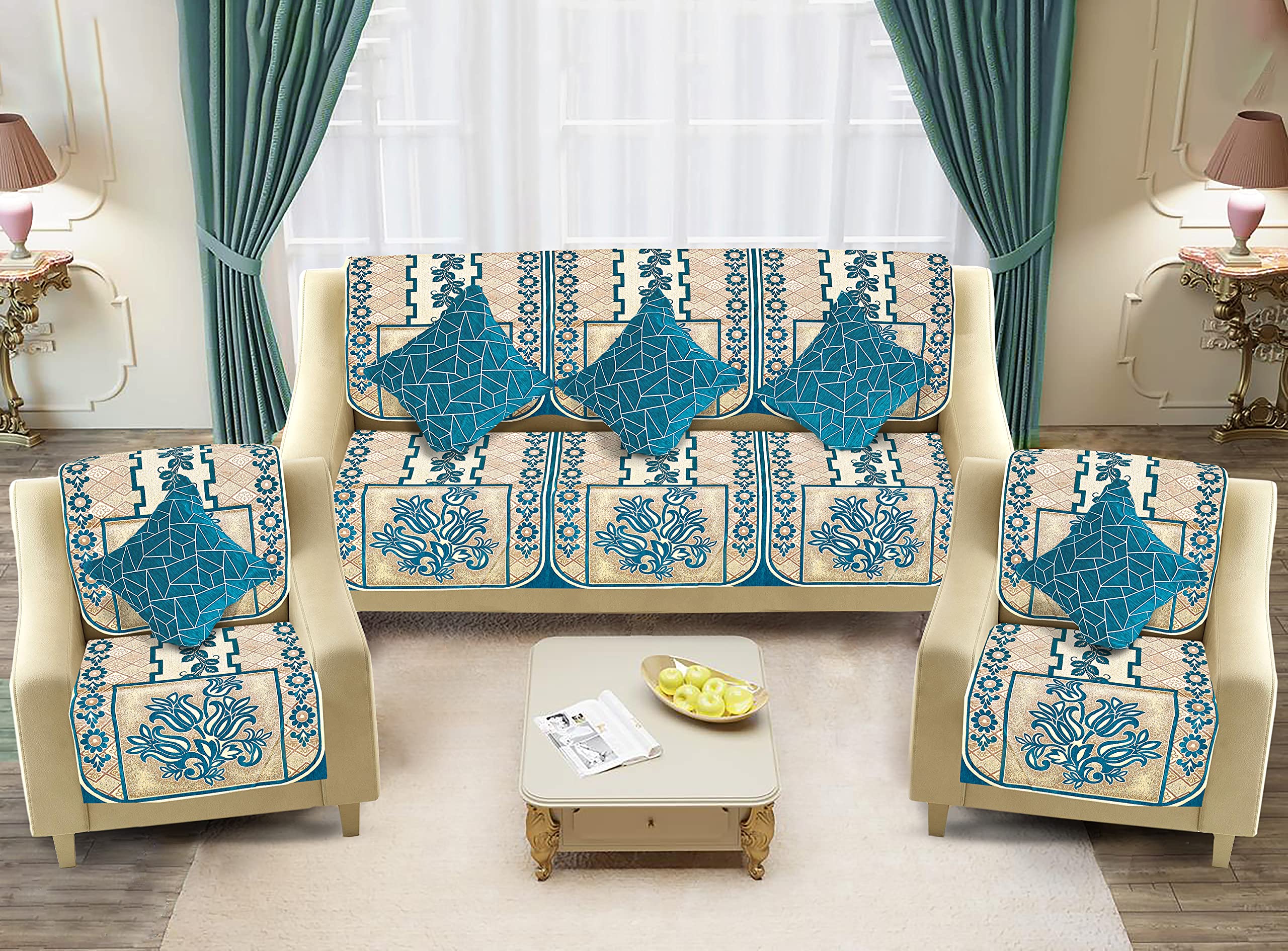 Dazzling DECOR Velvet Sofa Cover with Cushion Covers Set of 5 Seater - Premium Sofa Covers 3 Seater and 2 Seater Full Cover Set for Couch Seat - Heavy Fabric Sofa Slip Back Protector, 1001_Aqua-image-42