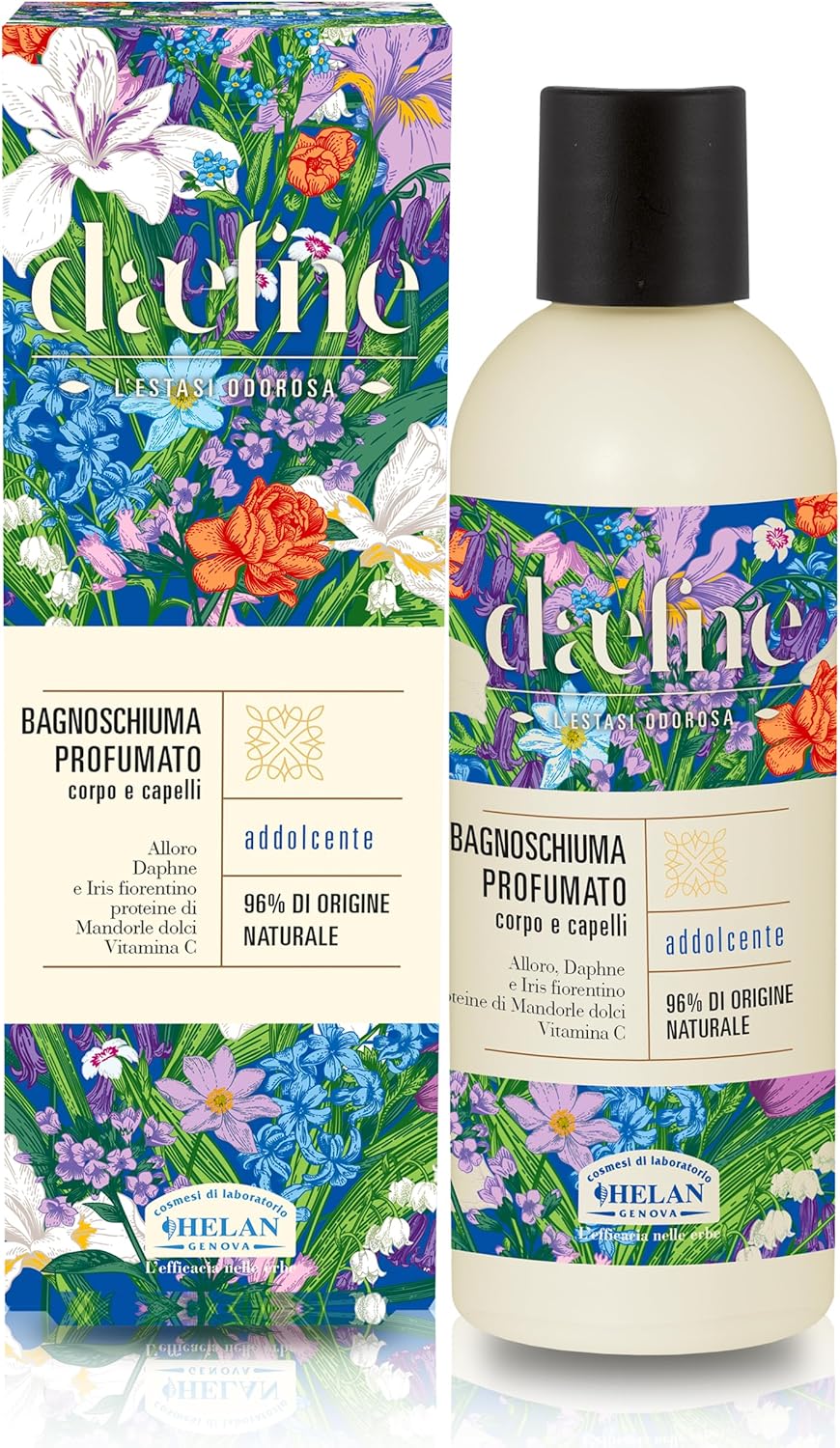 Helan Daefne - Shampoo e Bagnoschiuma Uomo e Donna Addolcente con Vitamina C, Mandorle Dolci, Iris e Alloro, Docciaschiuma Gel Delicato Corpo e Capelli 96% di Origine Naturale, 200 ml Made in Italy