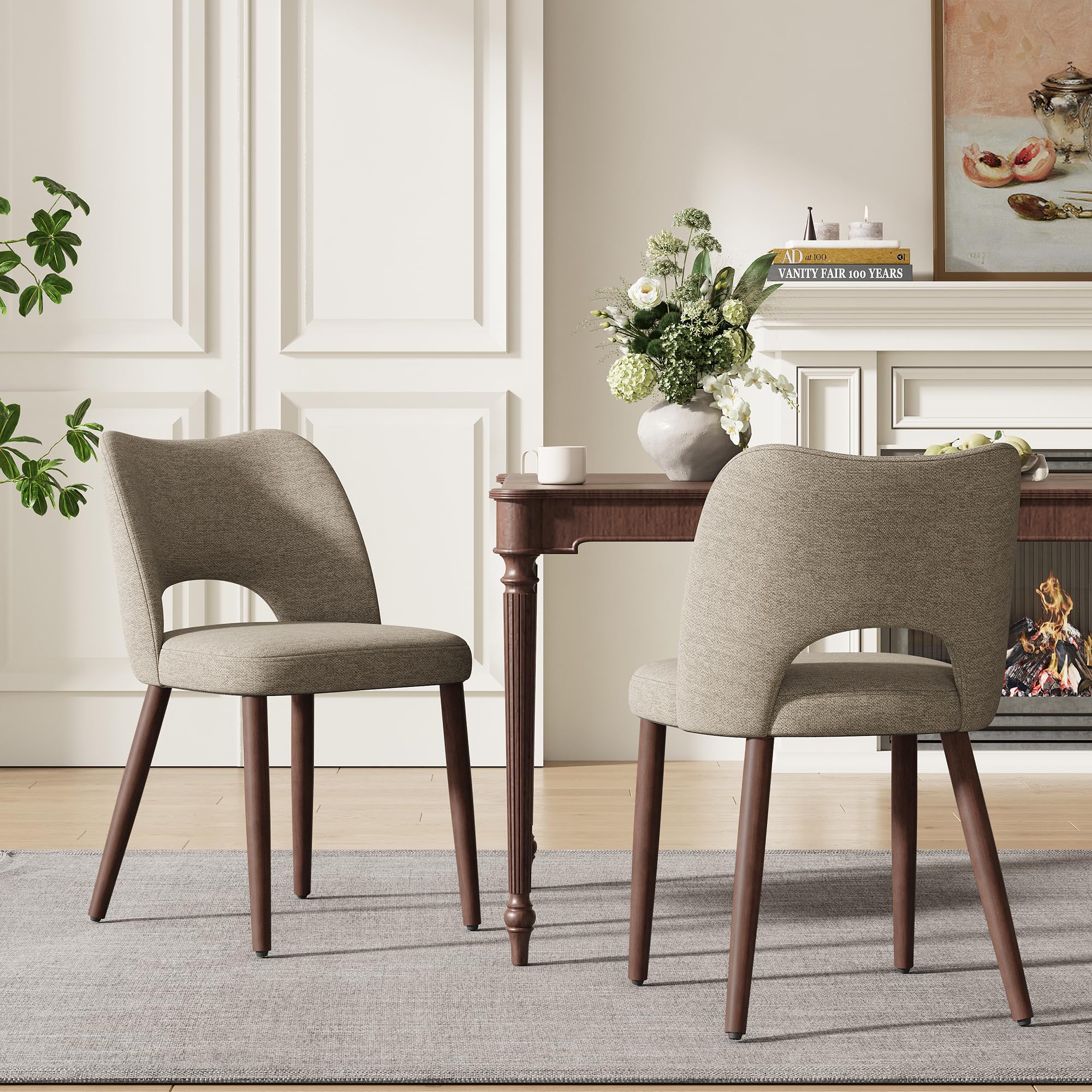 MALOL Upholstered Dining Chairs Set of 2, Fabric Chairs for Dining Room with Solid Wood Legs, Hollow Backrest and Thick Seat Cushion, Modern Kitchen Chair with Anti-Slip Pads, Coffee