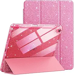 JETech Capa Glitter para iPad (A16) 11ª/10ª Geração (2025/2022) com Porta-Pencil, Case Fina e Fofa para Crianças e Meninas, Concha Traseira Transparente e Brilhante (Rosa)
