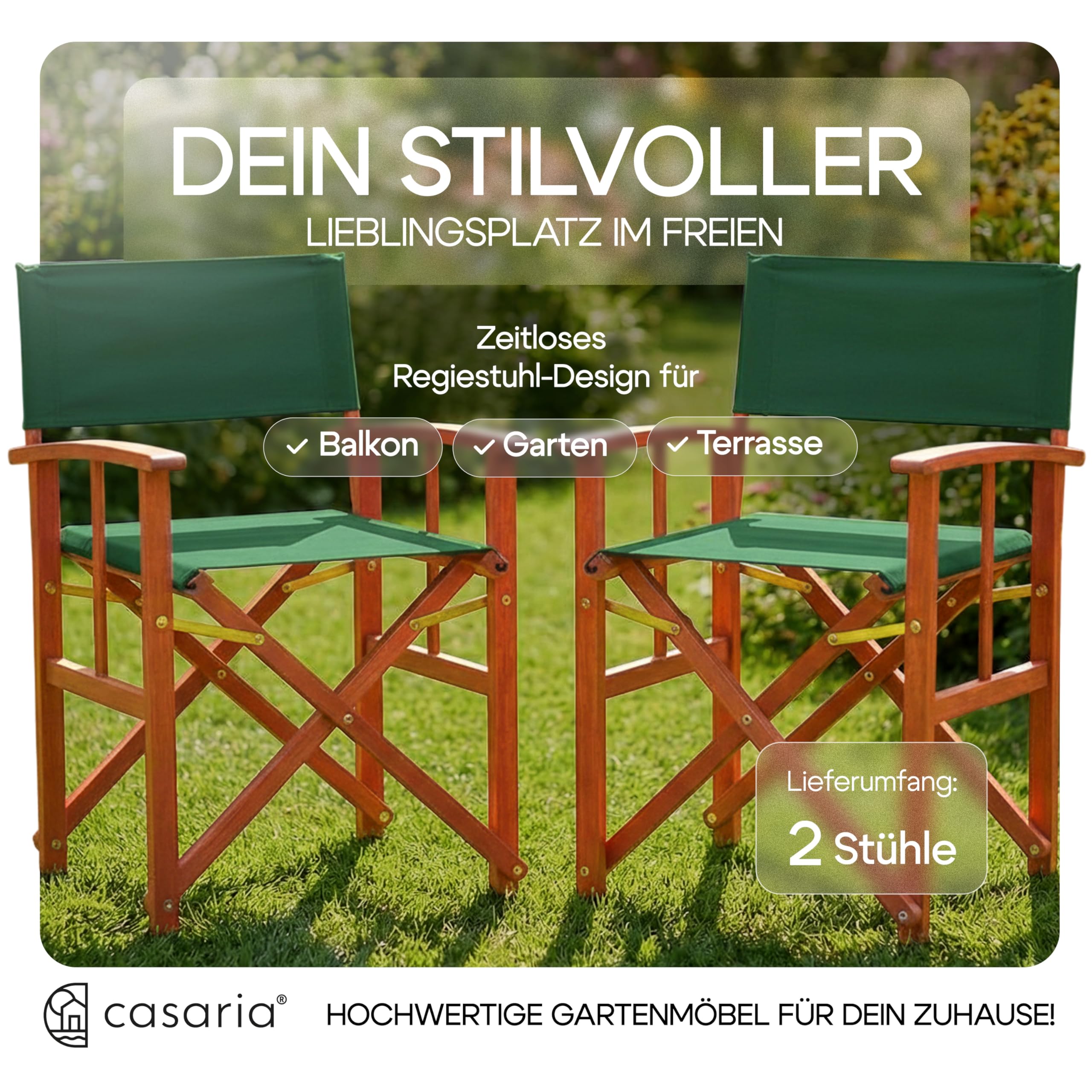 Casaria® Regiestuhl 2er Set aus FSC® Eukalyptusholz - Klappbarer Gartenstuhl mit Armlehnen, waschbarem Bezug & 46 cm Sitzhöhe, bis 160 kg belastbar - Holzstuhl für Balkon, Terrasse & Camping