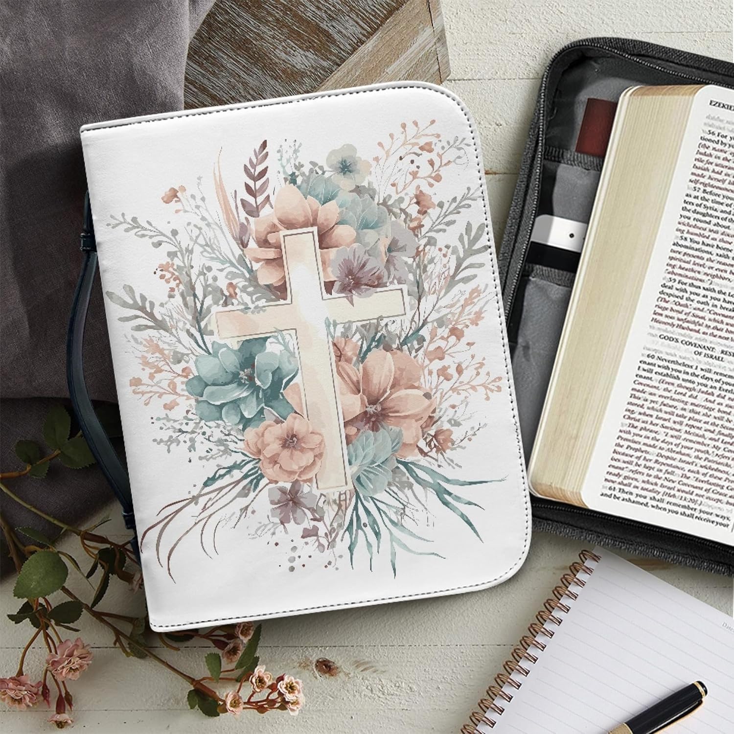 Bengbobar Bible Covers Bible Study Supplies Cross Leather Bible Carrying Case with Pockets for Women Girls Pink Blue Flower White Bottom Bible Protective with Handle and Organizer Durable Large Size