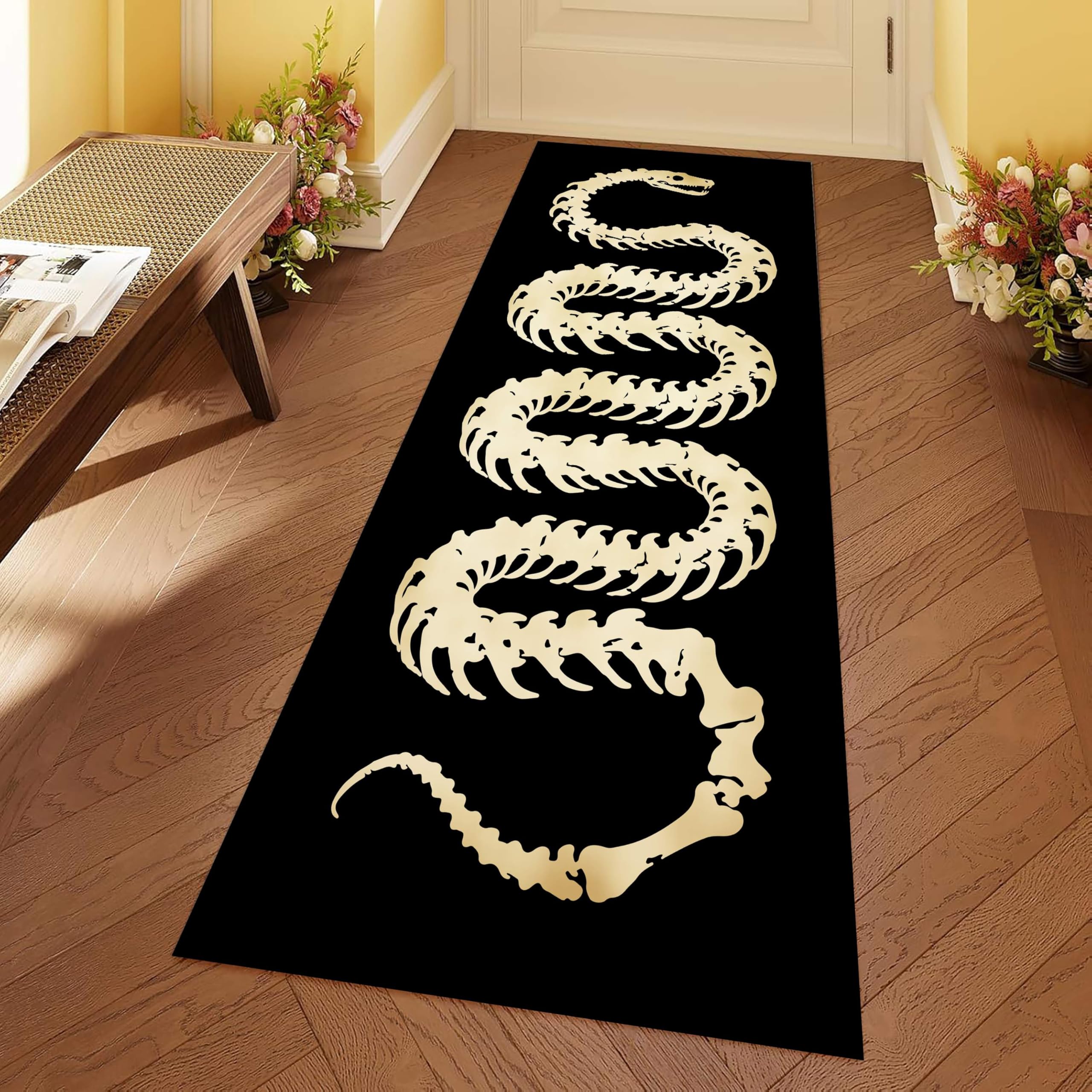 Black Runner Hallway Rug, 2x10ft Horror Gothic Snake Bone Print Rugs, Soft and Comfortable Snake Theme Home Decor Carpet, for Bedroom Kitchen Dining