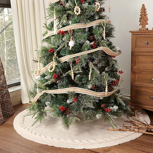 Miniatura 4 de Falda de árbol de Navidad de 48 pulgadas: falda de árbol de punto trenzado para árbol de 7.5 pies, falda de árbol blanco crema, faldas de árbol