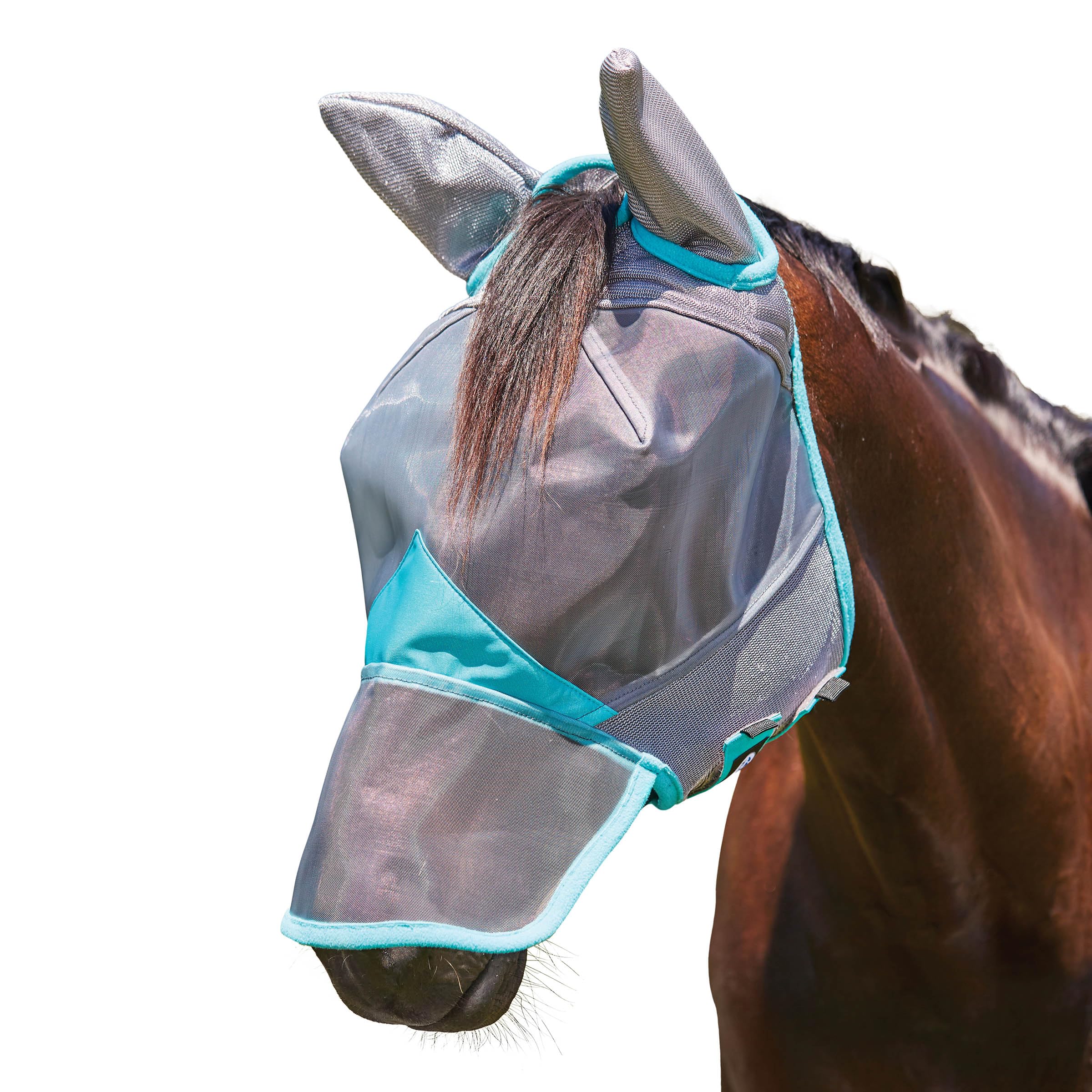 WeatherBeeta ComFiTec Deluxe Fine Mesh Mask with Ears & Nose, Grey/Turquoise, Pony