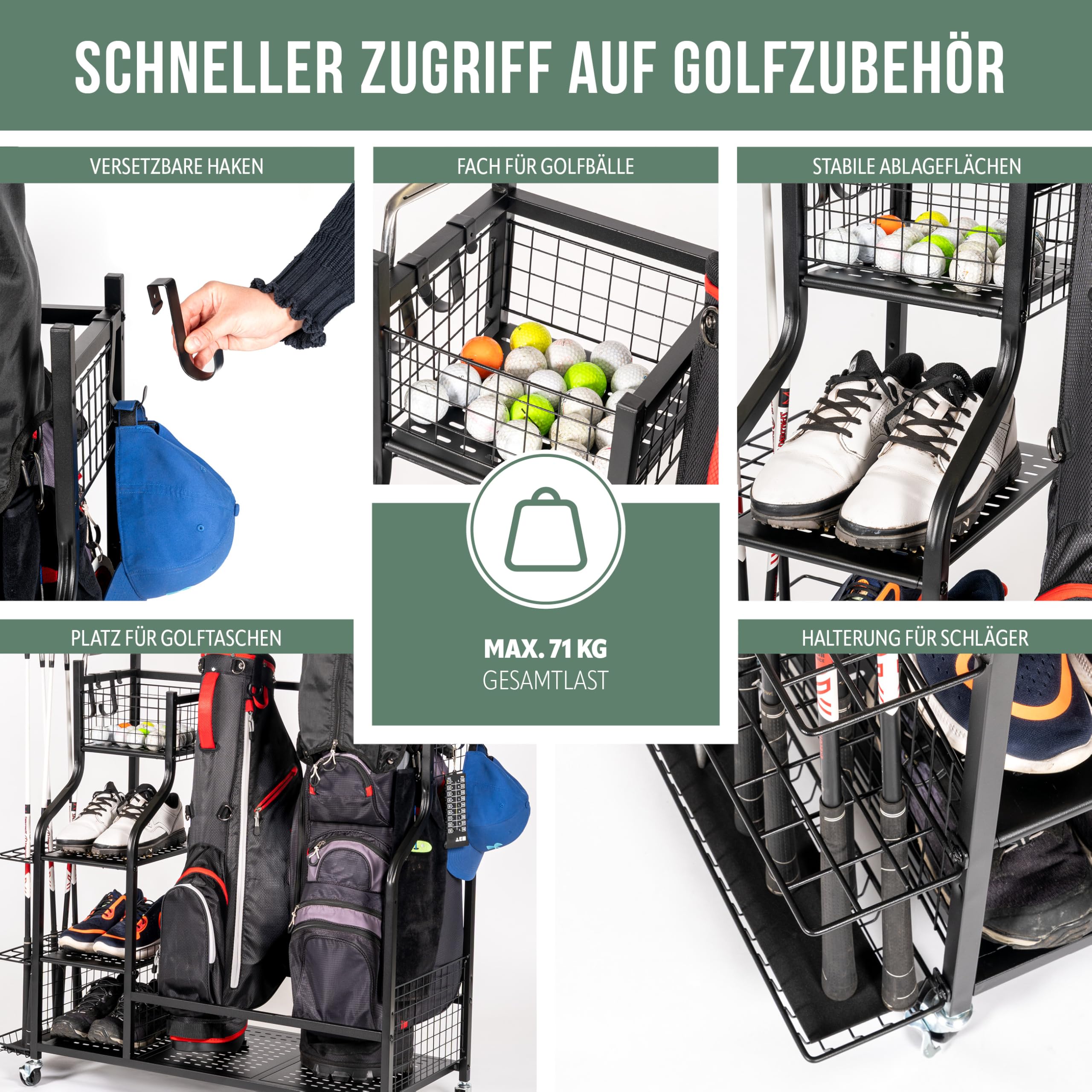 eluno Golftaschen-Organizer, Regalwagen mit stabilen Ablagefl�chen und K�rben, Aufbewahrungsregal passend f�r 2 Golftaschen und Golfausr�stungszubeh�r, Golftaschenhalter, aus schwarzem Stahl