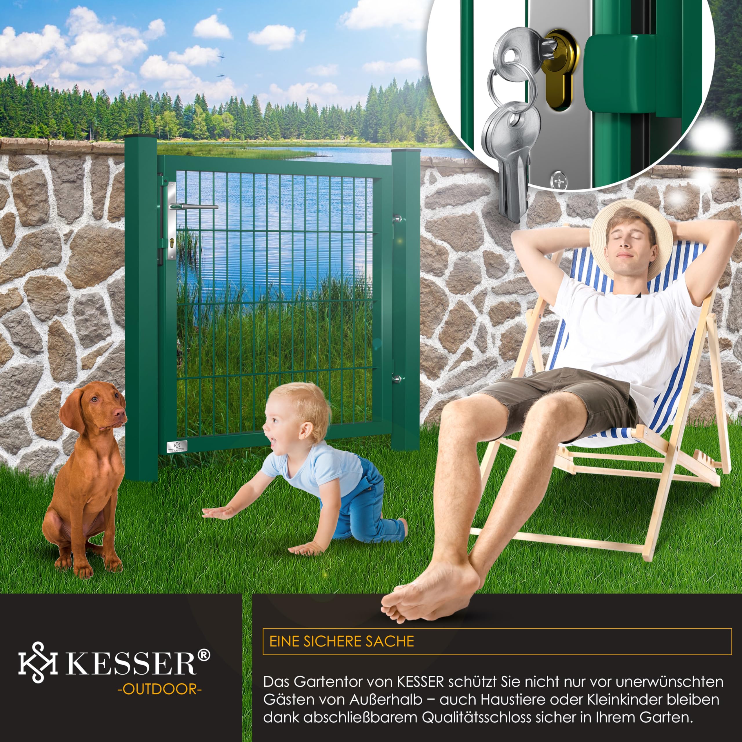 KESSER® Puerta de jardín de acero galvanizado de alta calidad, para jardín, con estaca con cerradura y llave, 80 x 106 cm, color verde