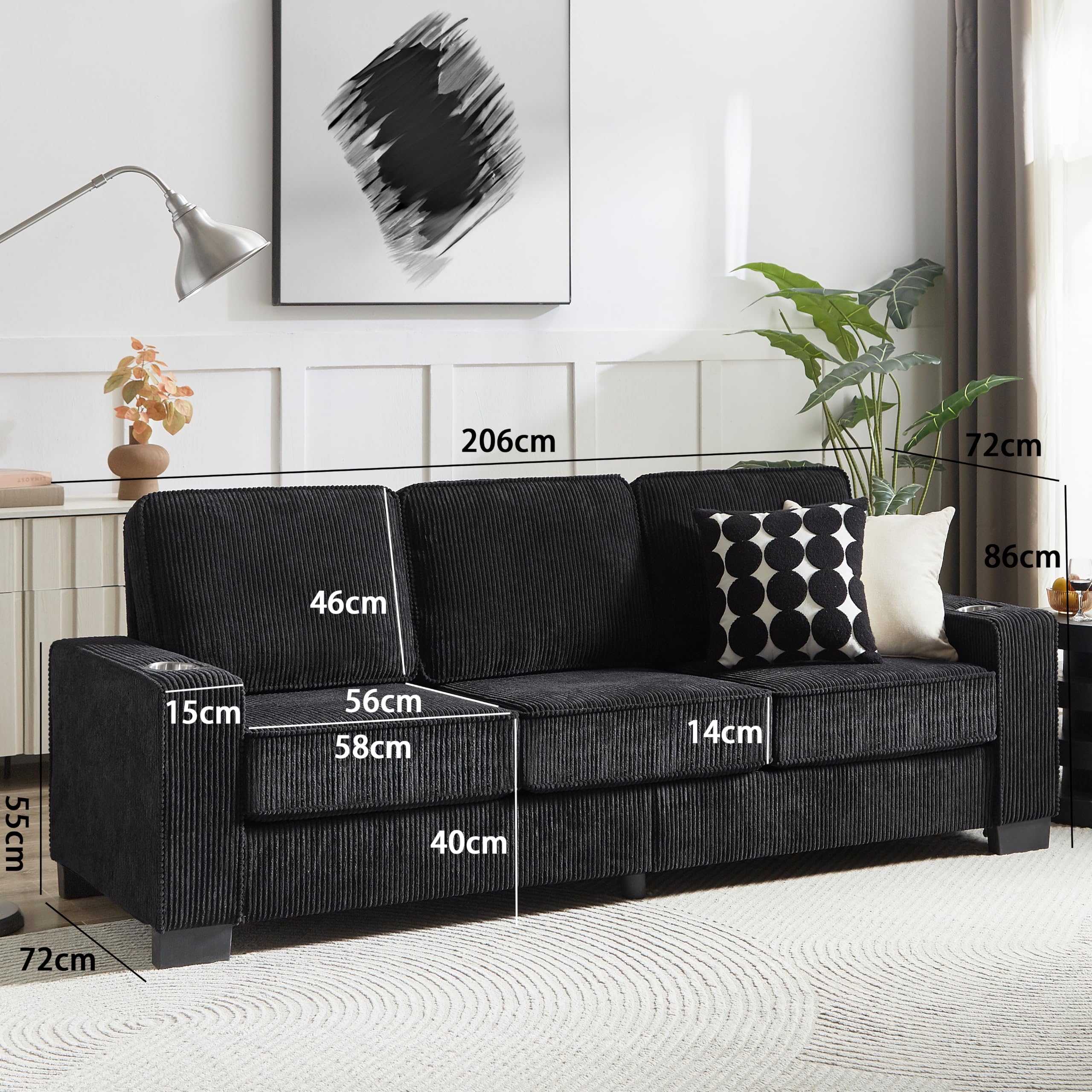 Divano a 3 posti in velluto a coste, moderno divano da soggiorno con portabicchieri, 206 cm, ideale per soggiorno, camera da letto e ufficio.