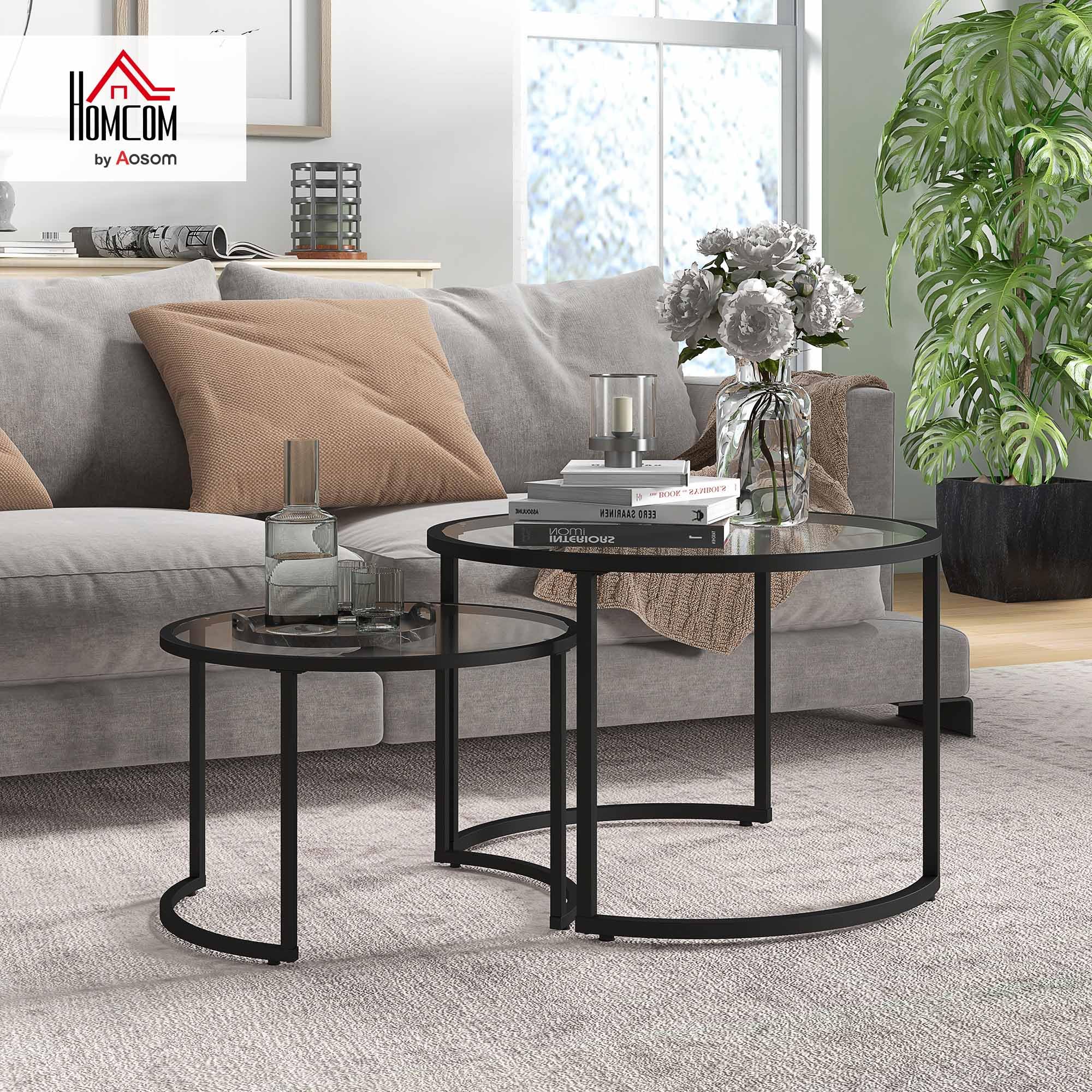 HOMCOM Set di 2 Tavolini da Caffè Impilabili Ø70x47.5cm e Ø54x42.5cm Nero | Sovrapponibili, Tavolini Bassi Rotondi da Salotto, Vetro Temperato e Acciaio, per Soggiorno Camera e Ufficio