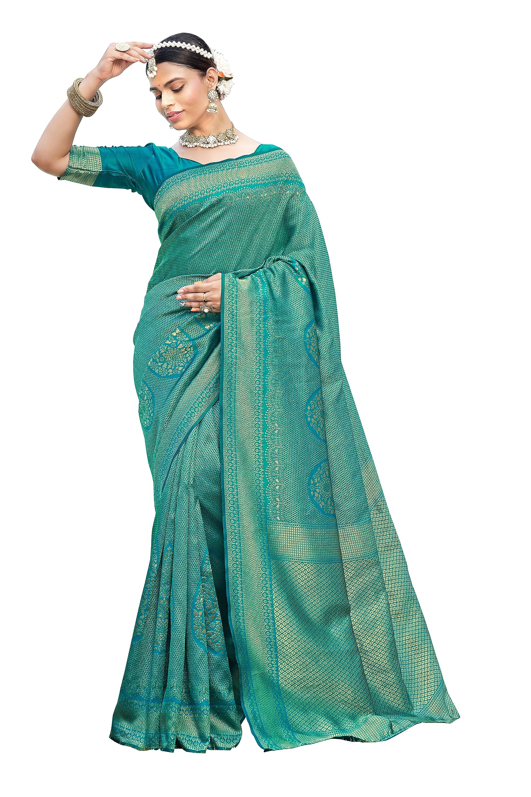 Glory Sarees Womens Banarasi Silk Saree With Blouse Piece (Premium_Silk107_Firozi)