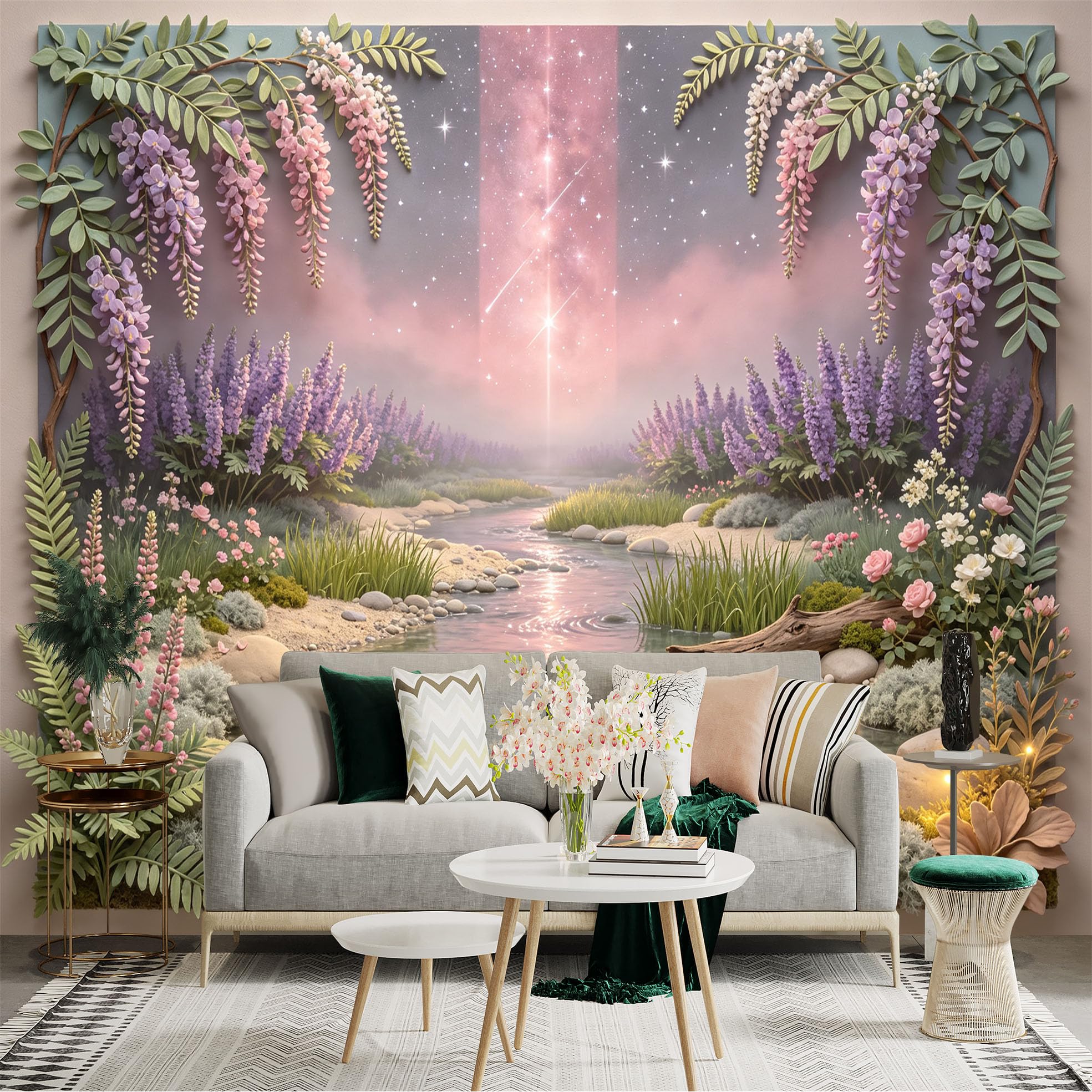 Lnzczhyre Bh260719424 Custom Size Wall Sticker Mural， Dreamy Wisteria Garden With Sparkling River， Celestial Pink Night Sky， For Wall Decoration， Peelandstick Wall Decals.