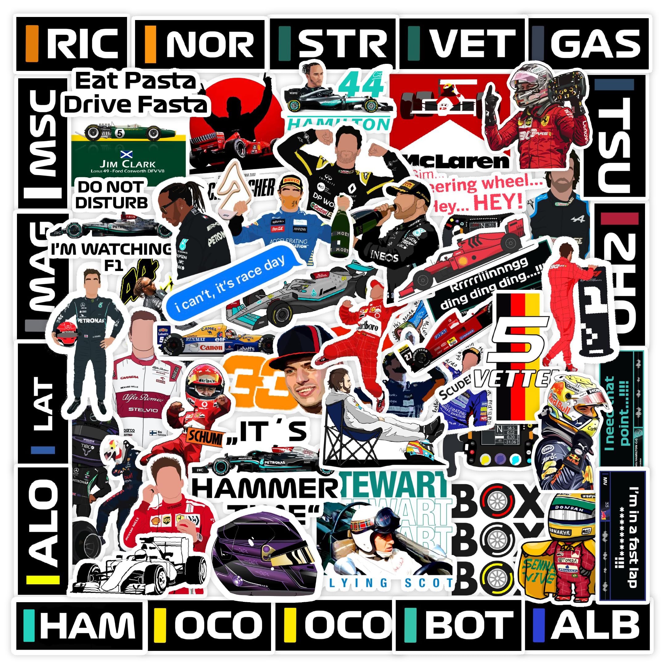 Pack of 60 F1 Formula One Racing Vinyl Self-Adhesive Stickers for Laptop, Journal, Diary, Guitar, Mobile Case - Waterproof Residue Free Multicolor Stickers - 3 Inches for Metal, Glass