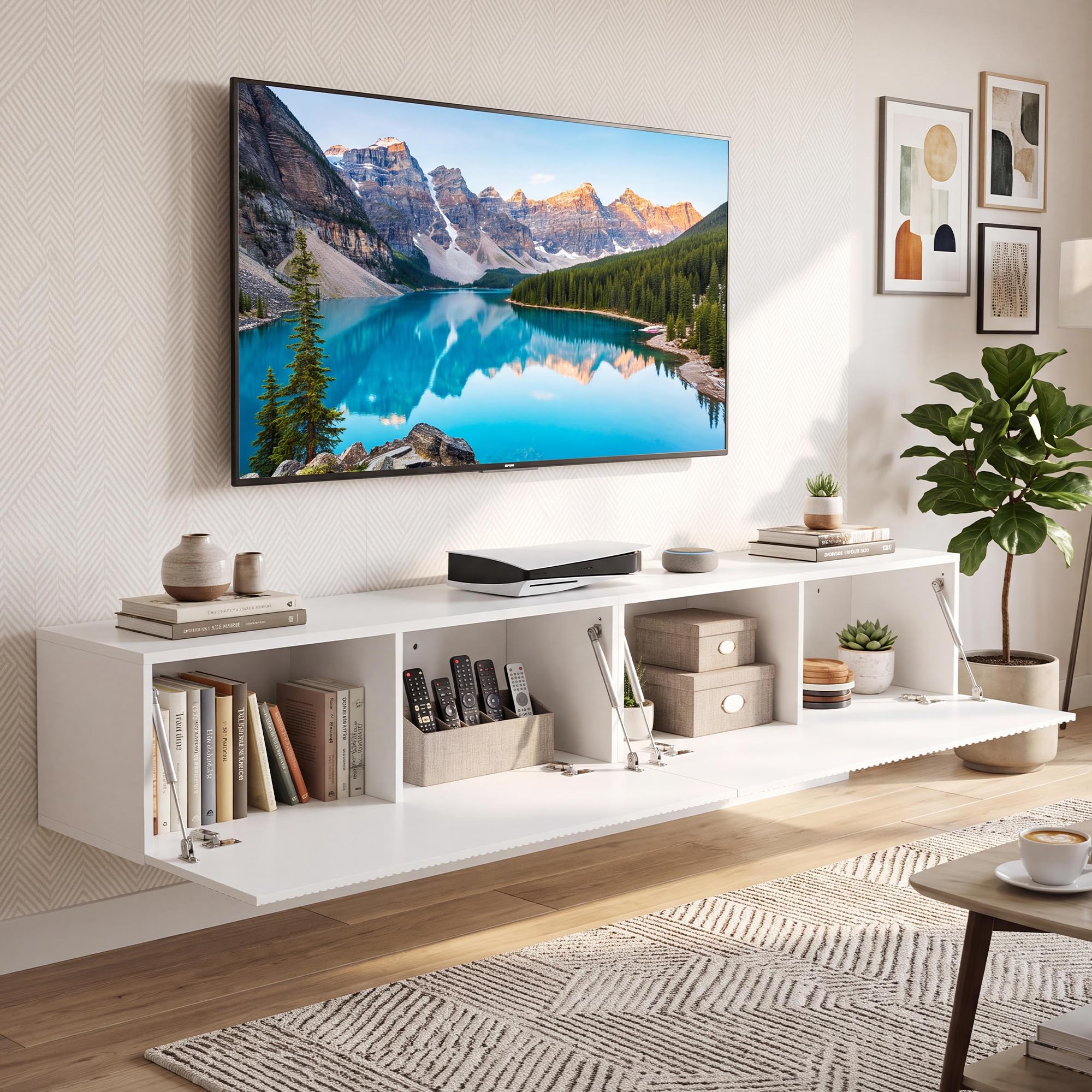 Mobile TV Sospeso 200x30x31cm, Mobile da Parete con 4 Scomparti Archiviazione, Mobile TV Moderno, Bianco, Adatto per TV fino a 85 Pollici per Soggiorno e Camera da Letto