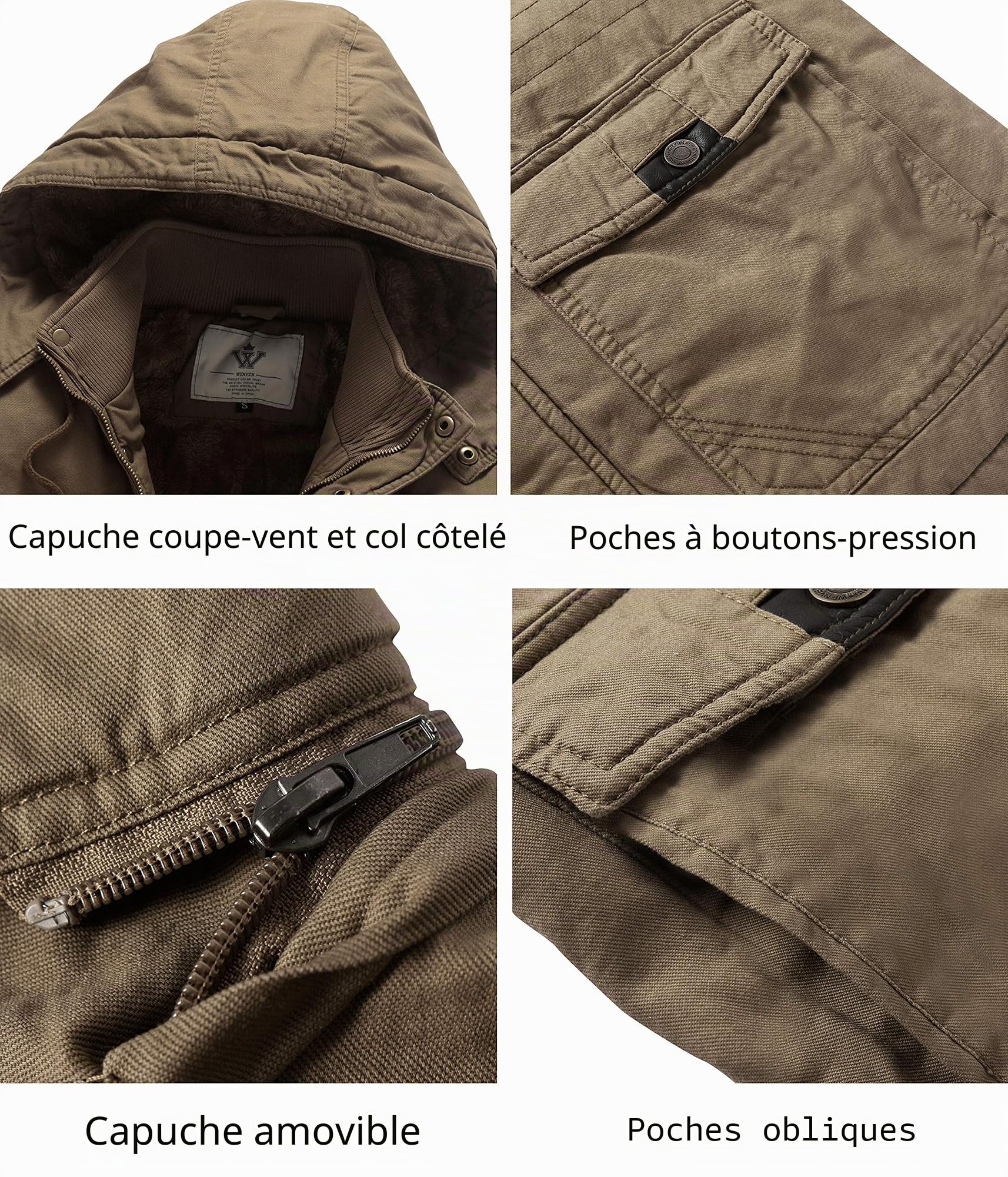 WenVen Homme Veste à Capuche en Coton Classique Chaud Polaire Parka