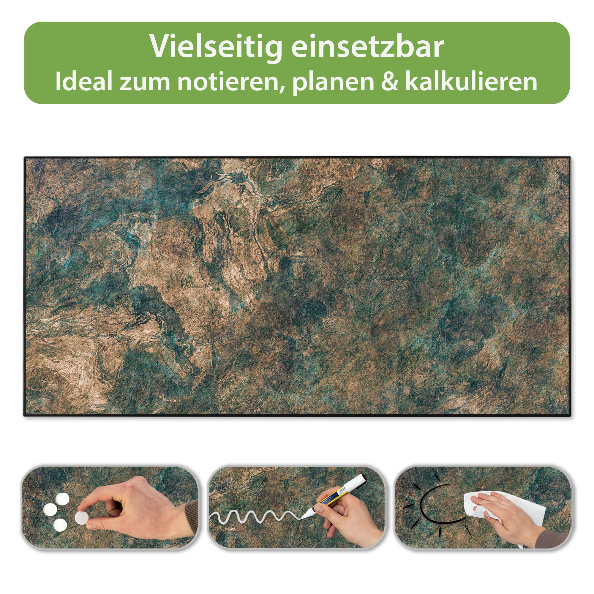 banjado Magnettafel Metall 78 x 37cm - beschreibbare Magnettafel - Metall Pinnwand als Memoboard - Magnetwand Küche, Büro, Kinderzimmer Schwarz inkl. 4 Magnete & Montageset - Motiv Kupfer Patina