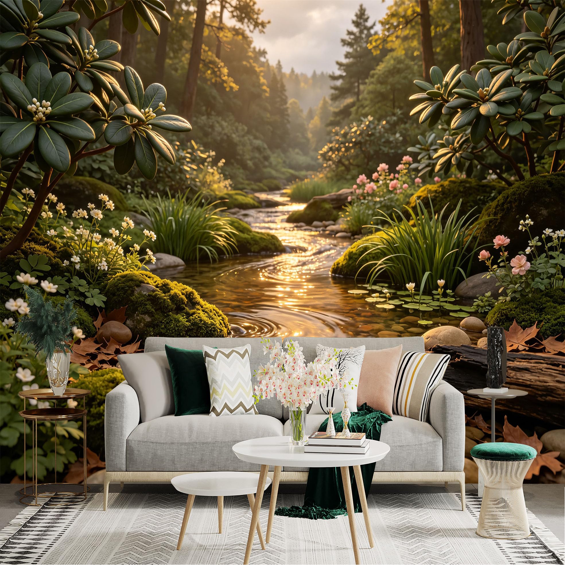 Lnzczhyre Bh260719115 Custom Size Wall Sticker Mural， Serene Forest Stream， Sunlit Woodland Creek， Mossy Stones And Wildflowers， For Wall Decoration， Peelandstick Wall Decals.