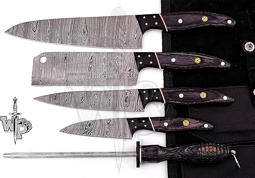 WP-007 Juego de cuchillos de chef de cocina profesional de Damasco hechos a mano personalizados-5 piezas (madera negra)