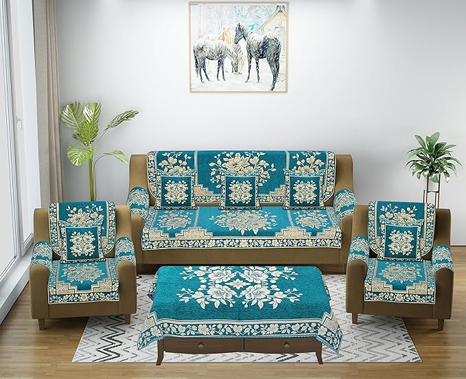 Dazzling DECOR Sofa Seater Slip Covers with Arm and Cushion and Table Cover - 3+2 Seater Velvet Sofa Cover Set for Single Sofa Couch - 5 Seater Sofa Seat Protector Slip and Back Covers, 2702_Sky