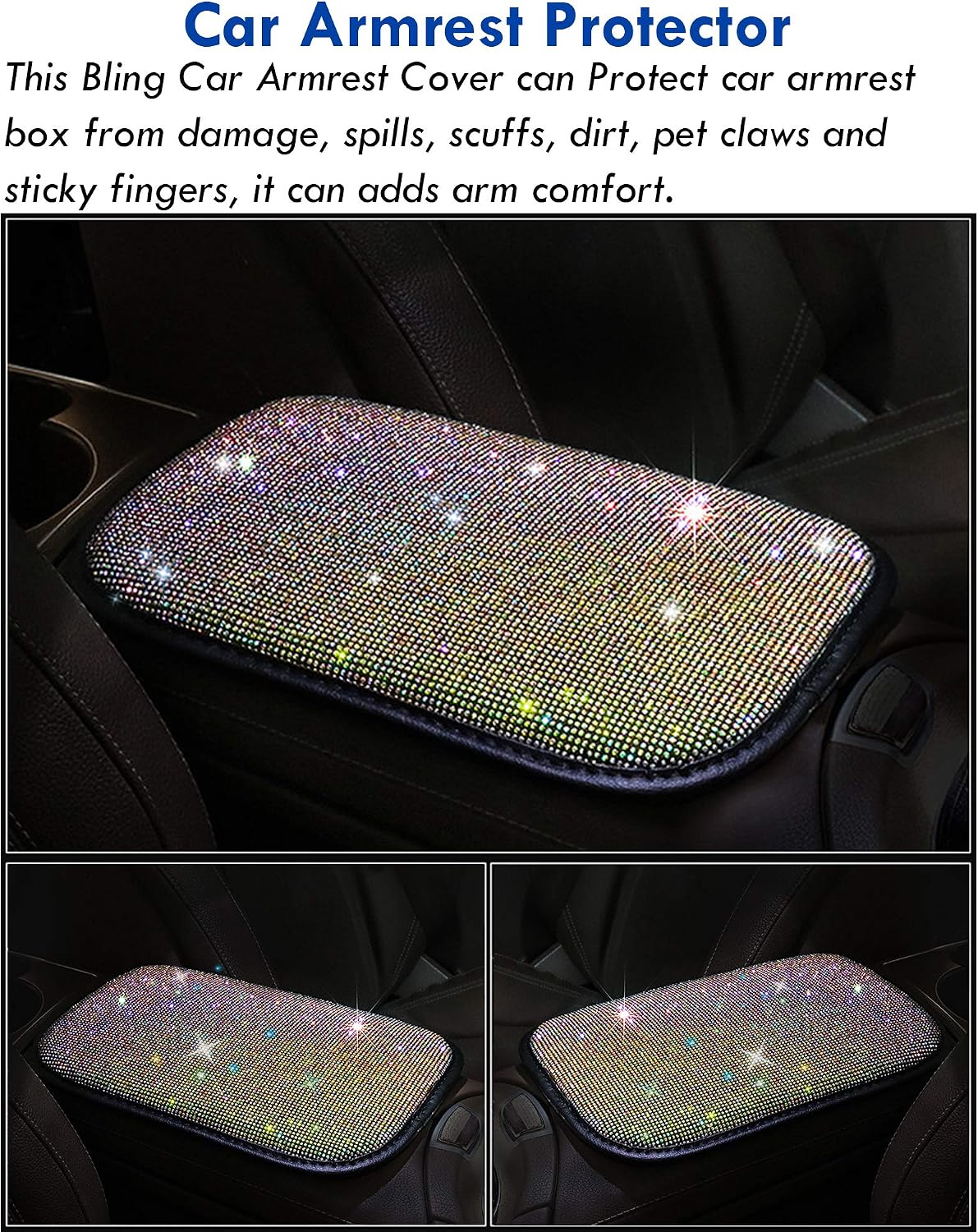 Moonlinks Bling Car Armrest Cover Auto Diamond Car Center Console Cover,Luster Crystal Arm Rest Rhinestone Crystal Center Console Cushion Pad Diamond Car Decor Accessories for Ladies(Colorful)