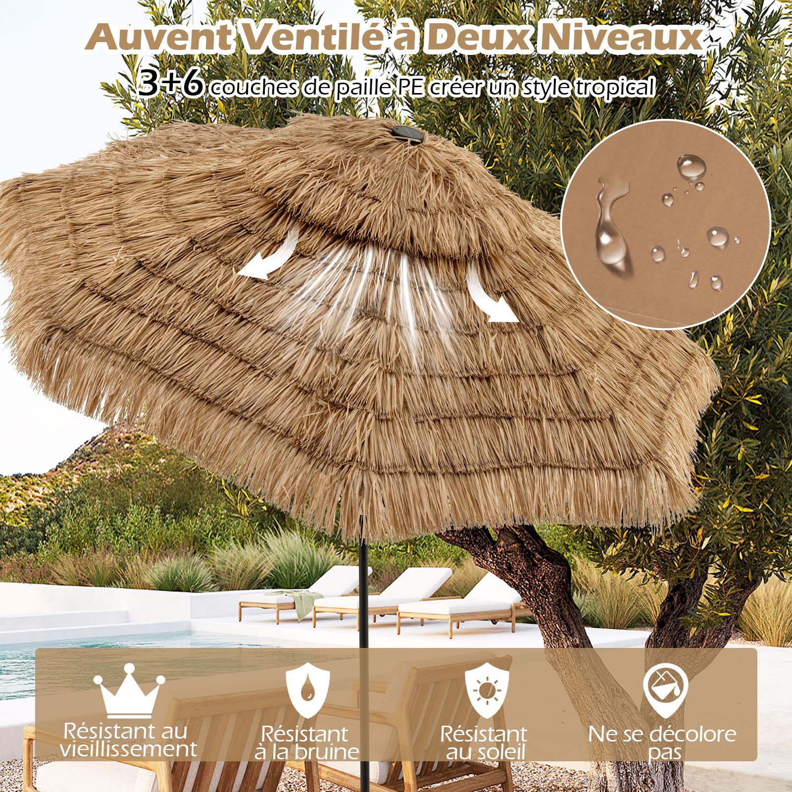GOPLUS 3M Parasol en Paille PE avec 32 LED Solaires, Parasol Hawaïen Tropical avec Double Toit Inclinable, 8 Baleines, 9 Couches, Manivelle, Anti-UV, Manivelle, pour Jardin Patio Plage