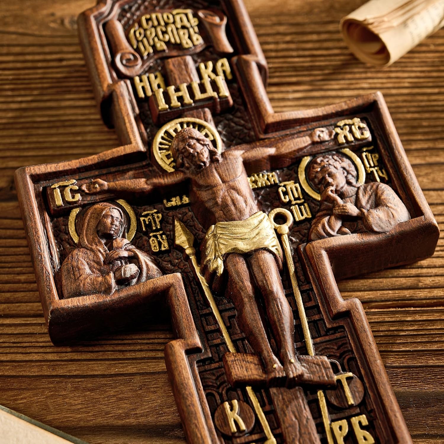 BGCOPPER Wooden Crucifix Wall Cross, Standing Jesus Cross Decor, Orthodox Icons Apostles Cross Christmas Gift