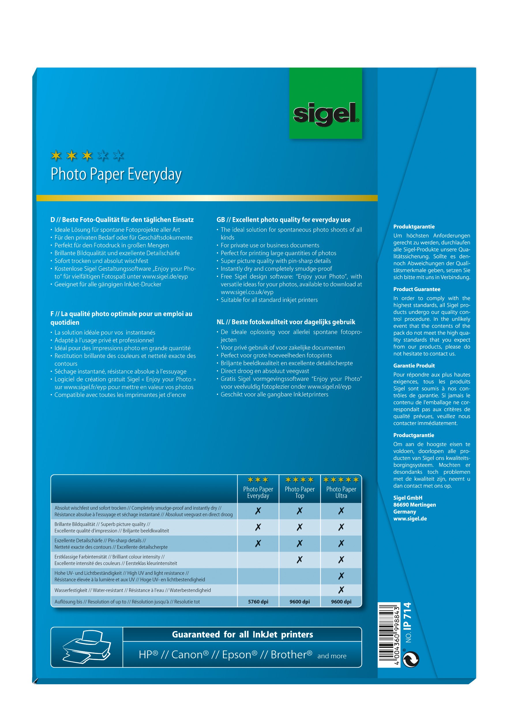 SIGEL IP714 Everday Photo Paper, InkJet, glossy, 170 gsm, A4, 50 sheets, white - Image 2