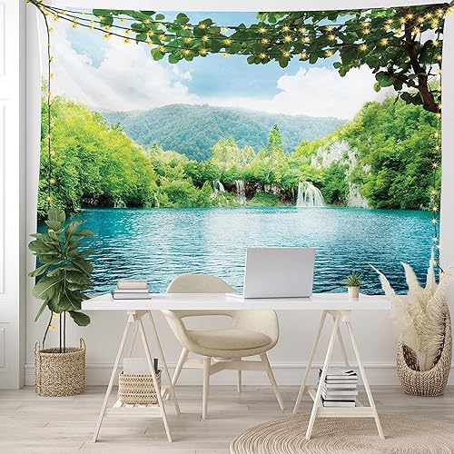 Miniatura 6 de Ambesonne Tapiz rústico, lago en bosque profundo alimentado por varias cascadas en verano, impresión idílica de vista, colgante de pared ancho para